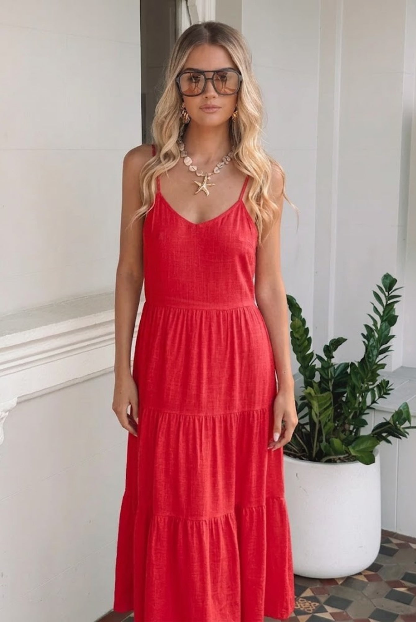 Sonya cherry red tiered linen midi dress with shirred back, full length view