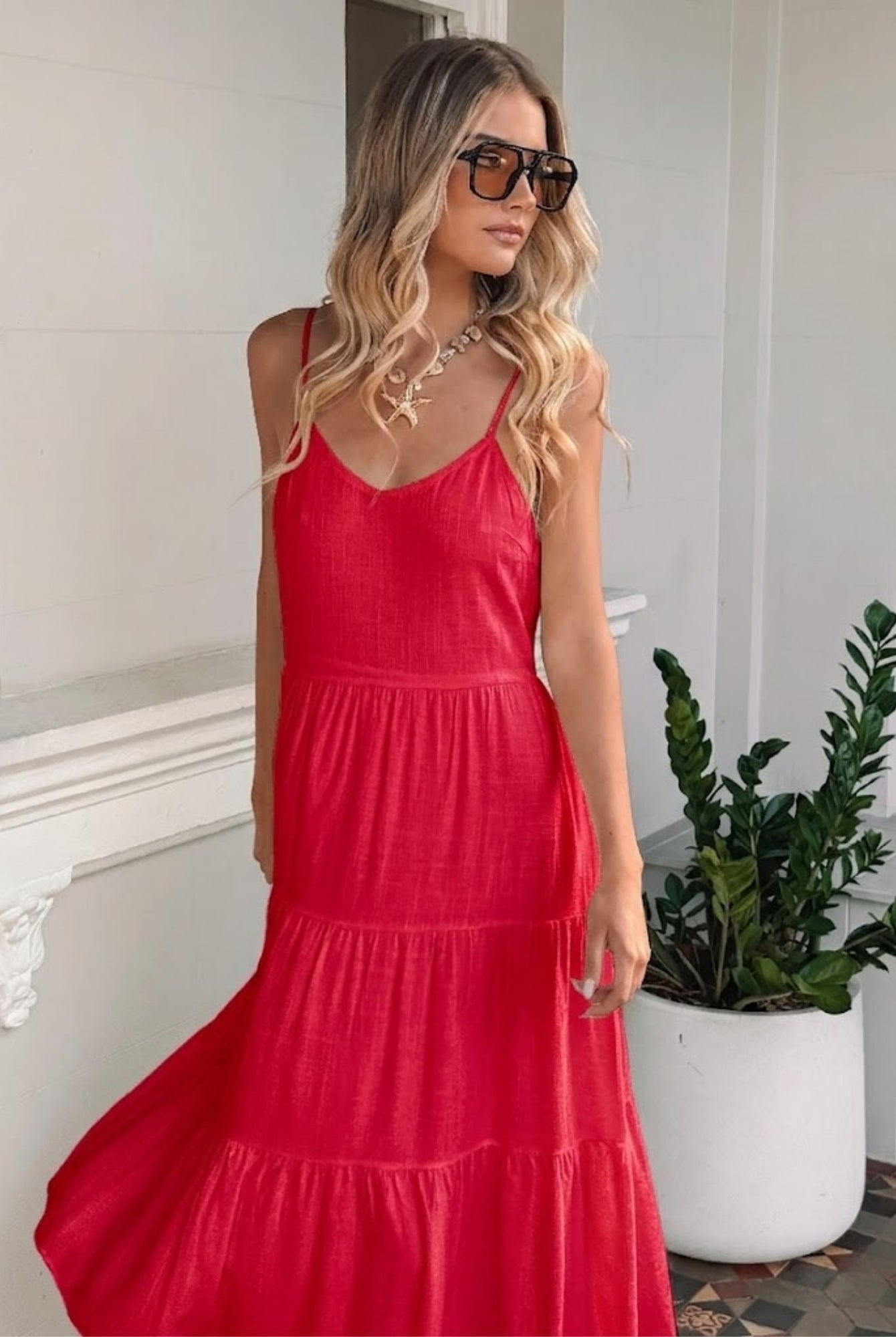 Sonya Dress in Cherry womens cherry red linen midi styled outfit