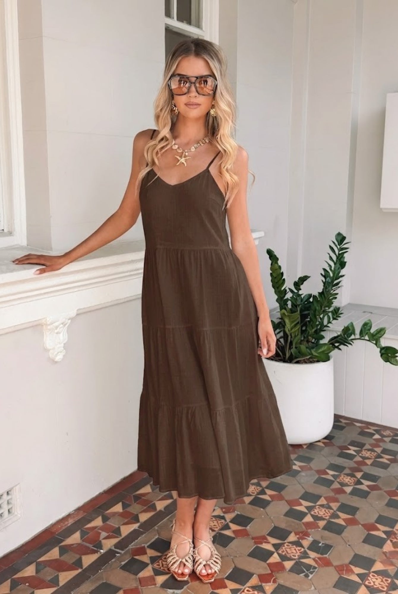 Sonya Dress in Chocolate womens tiered linen midi dress in chocolate brown front view