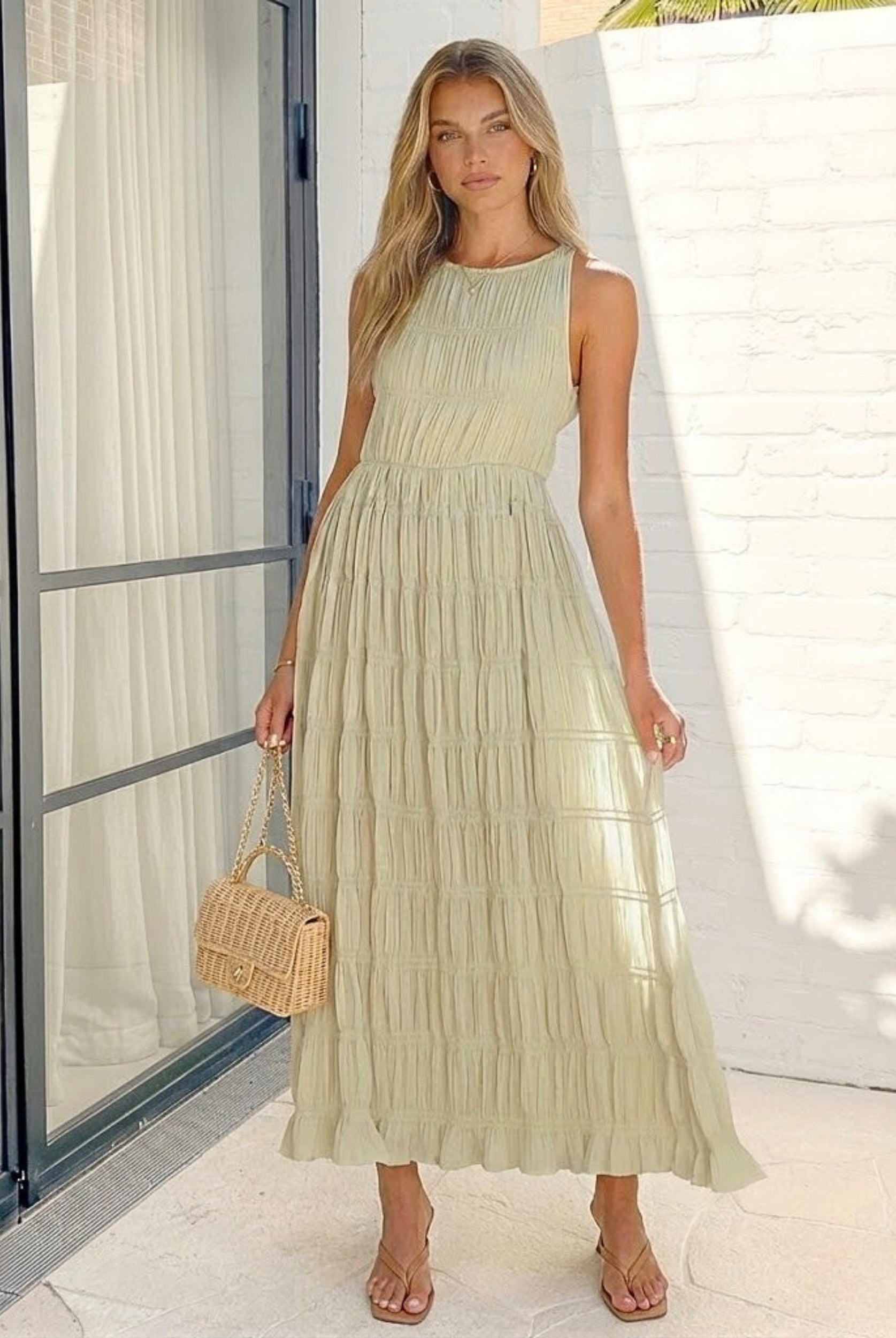 Women's sage high neck maxi dress, the Sygrid Sage Dress by Esther & Co