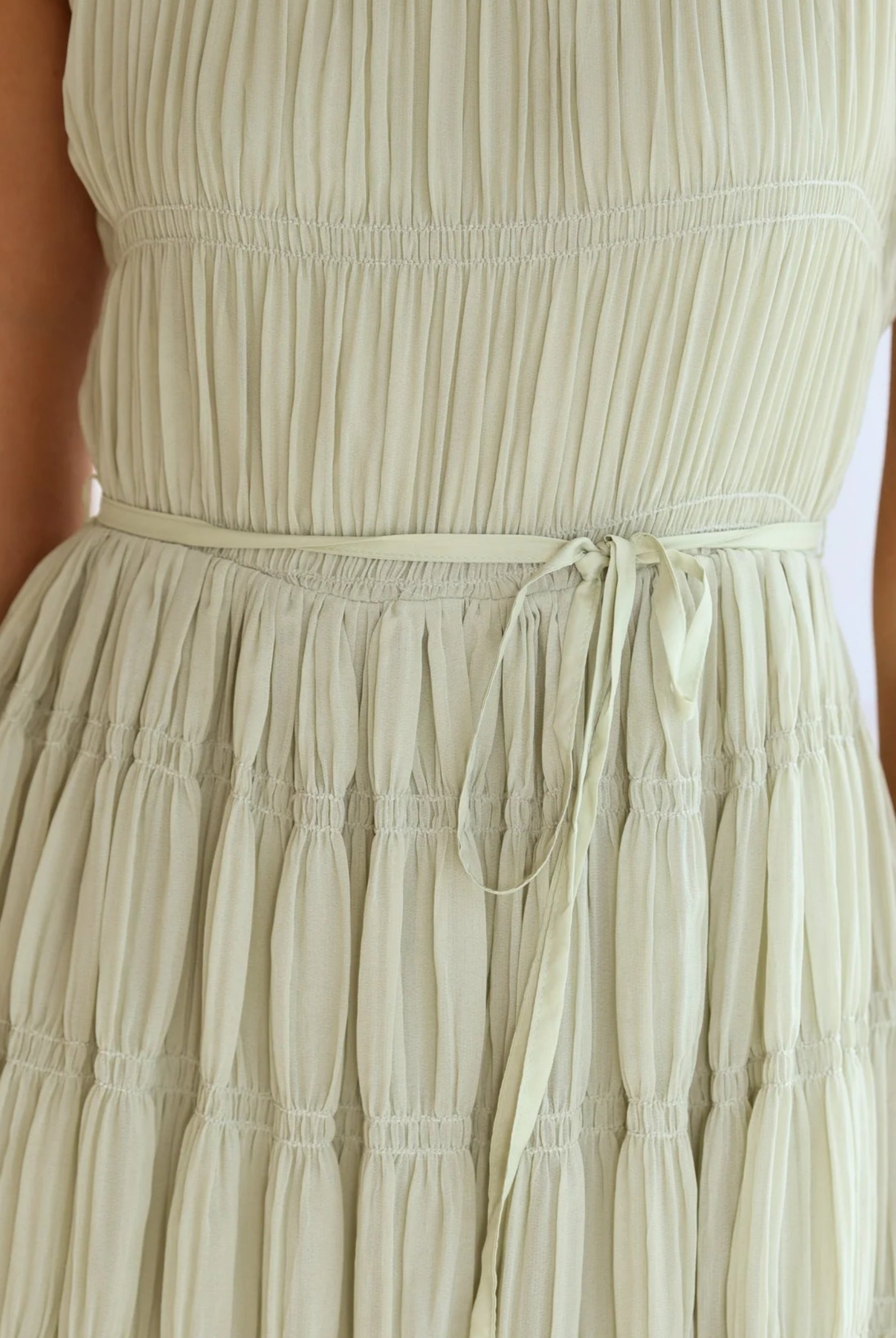 Women's sage green high neck maxi dress front view by Esther & Co