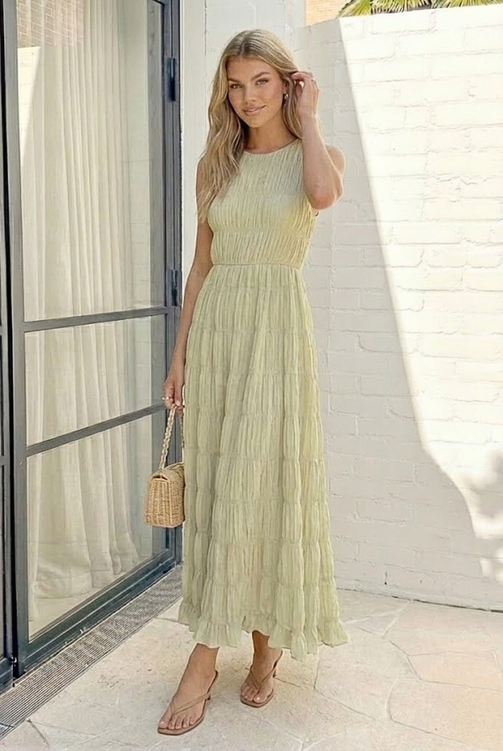 Women's sage maxi dress side view by Esther & Co