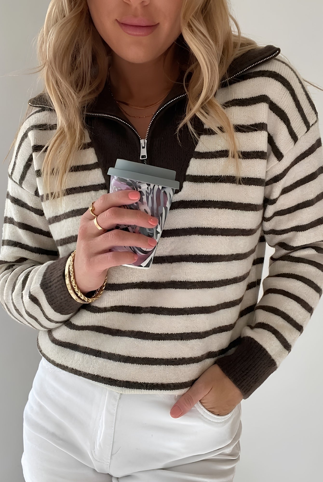 Women's chocolate stripe quarter zip knit jumper with drop shoulder fit by Esther & Co