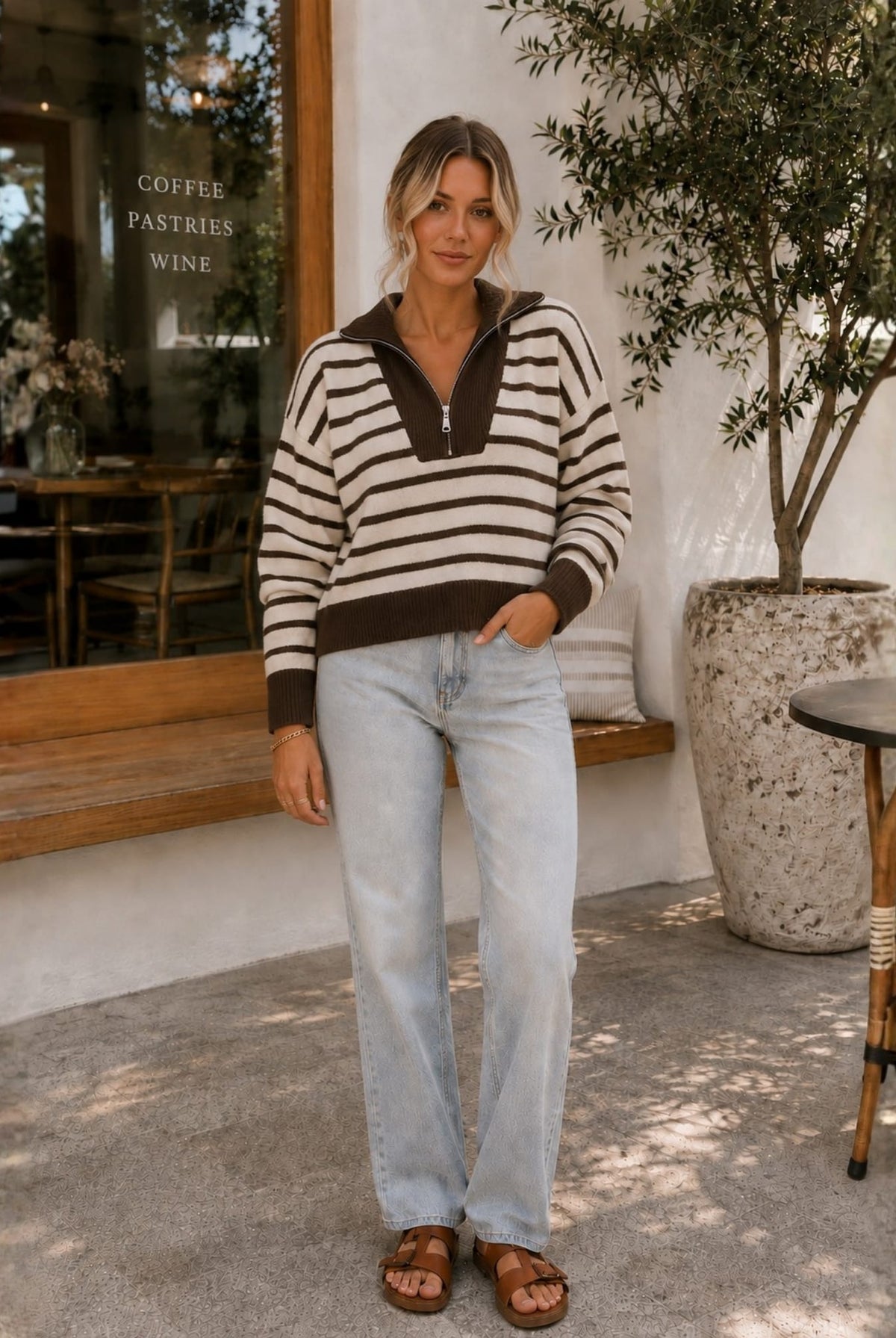 Women's chocolate stripe quarter zip knit jumper, the Tanner Knit in Choc Stripe by Esther & Co