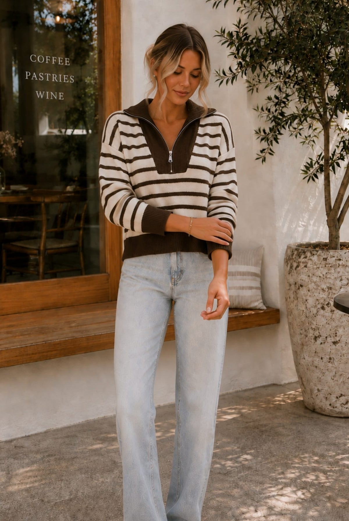 Tanner Knit in Choc Stripe — women's quarter zip knit jumper, front view