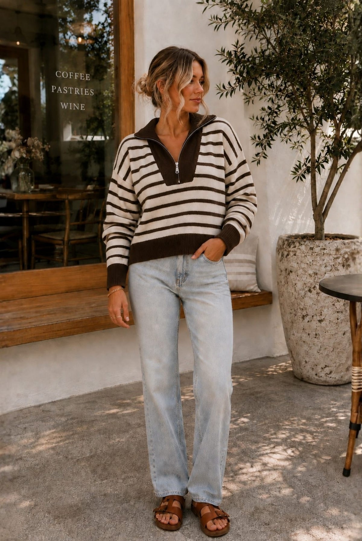 Tanner Knit in Choc Stripe — women's quarter zip knit jumper, side view