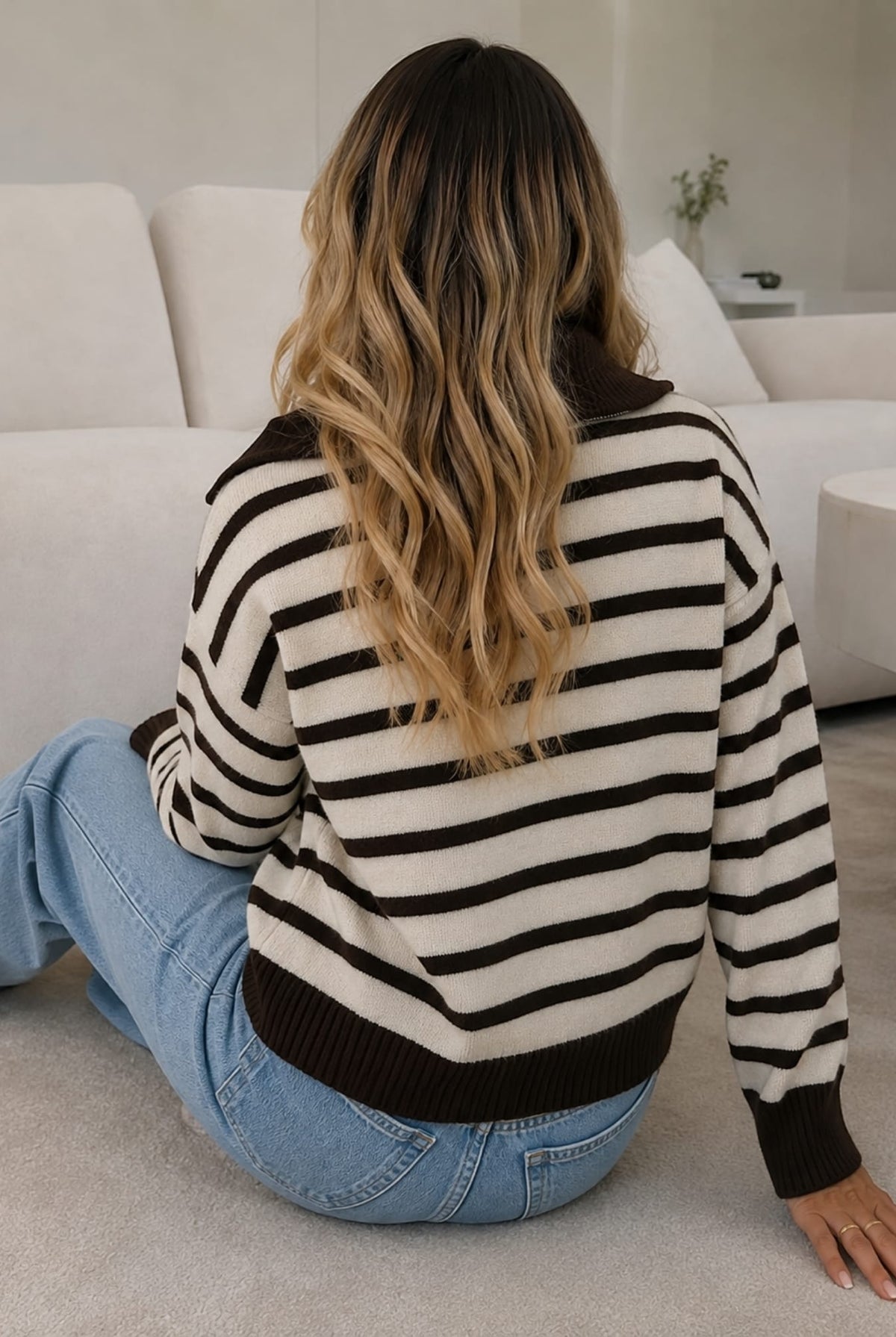 Tanner Knit in Choc Stripe — women's quarter zip knit jumper, full length