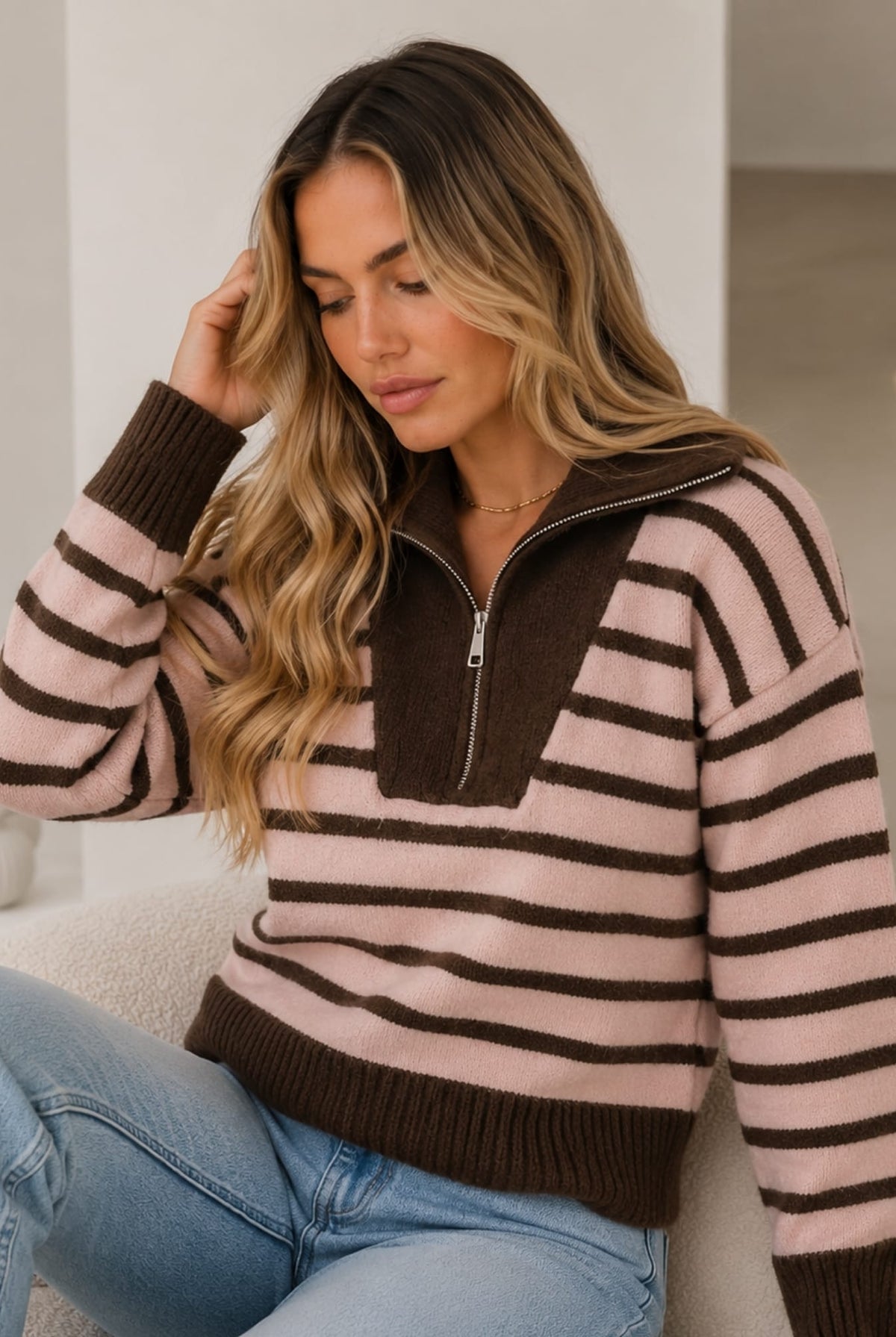 Women's pink stripe quarter zip knit jumper, the Tanner Knit in Pink Stripe by Esther & Co