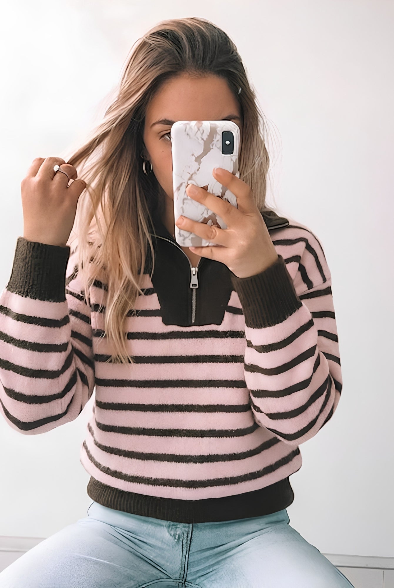 Women's blush pink and chocolate stripe half zip knit jumper with funnel collar, the Tanner Knit in Pink Stripe by Esther & Co