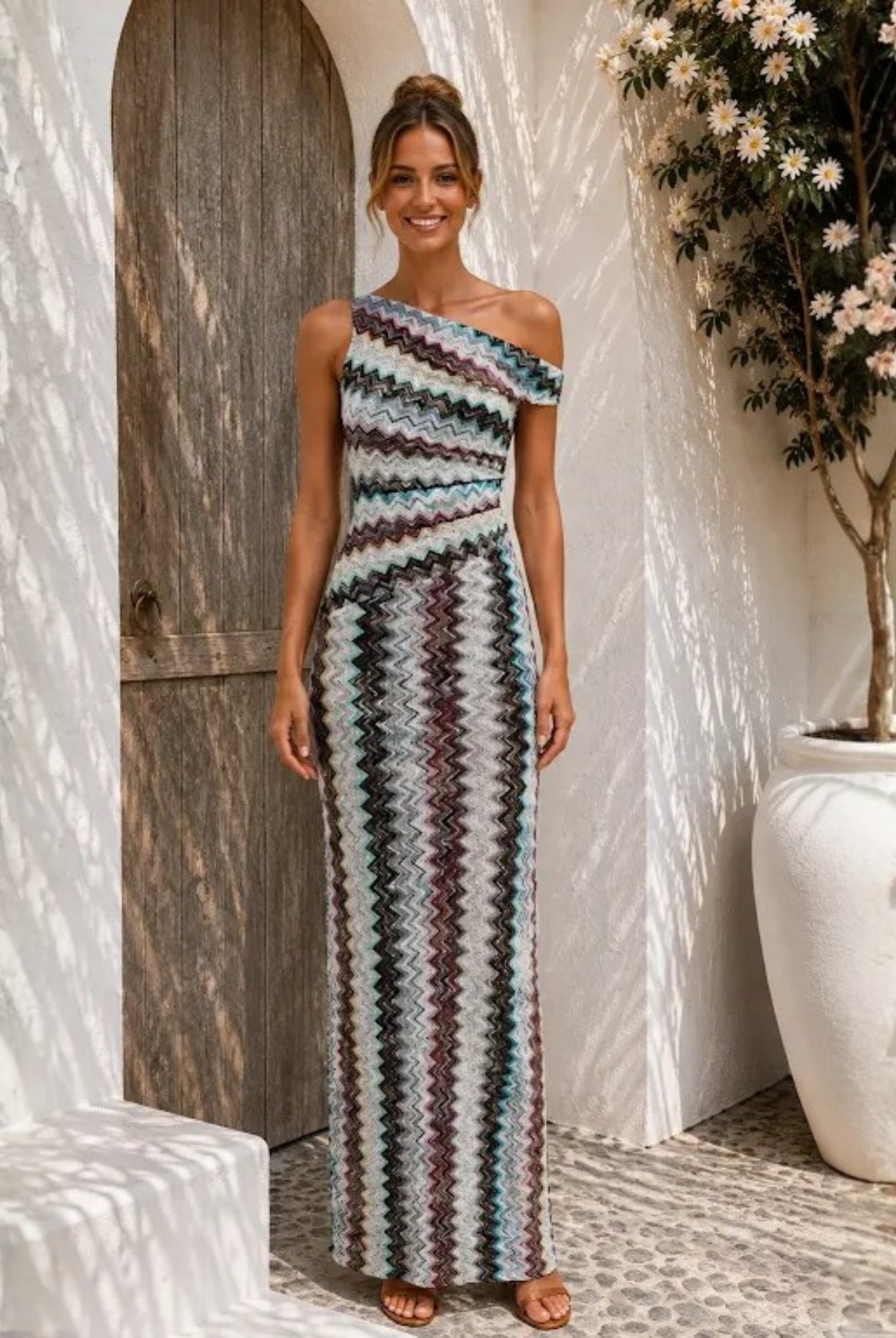 Women's one shoulder knit maxi dress in cream and multi, the Thandie Dress in Geometric Waves by Esther & Co