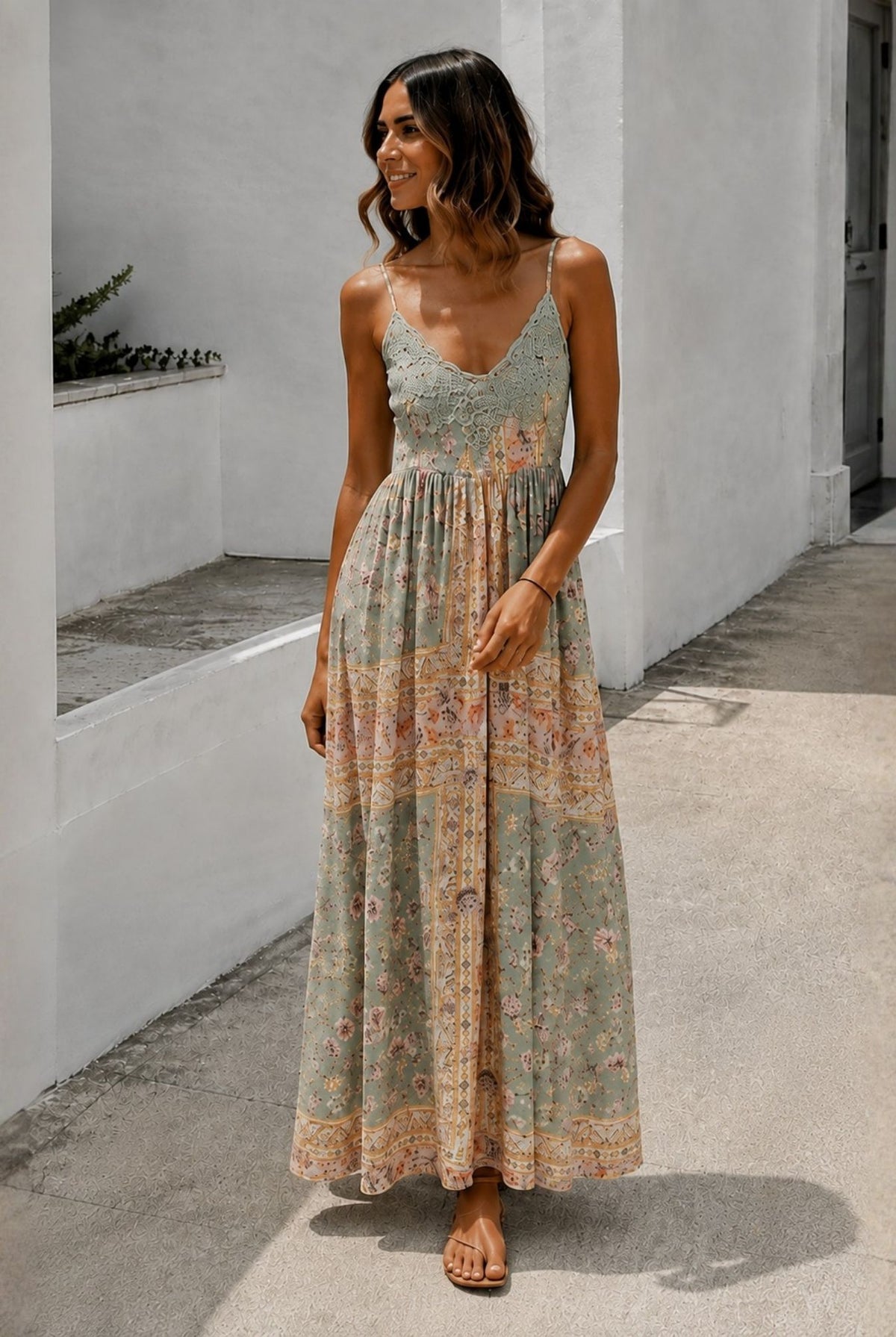Women's sage floral maxi dress with crochet bodice, the Therese Dress in Spring Meadow by Esther & Co