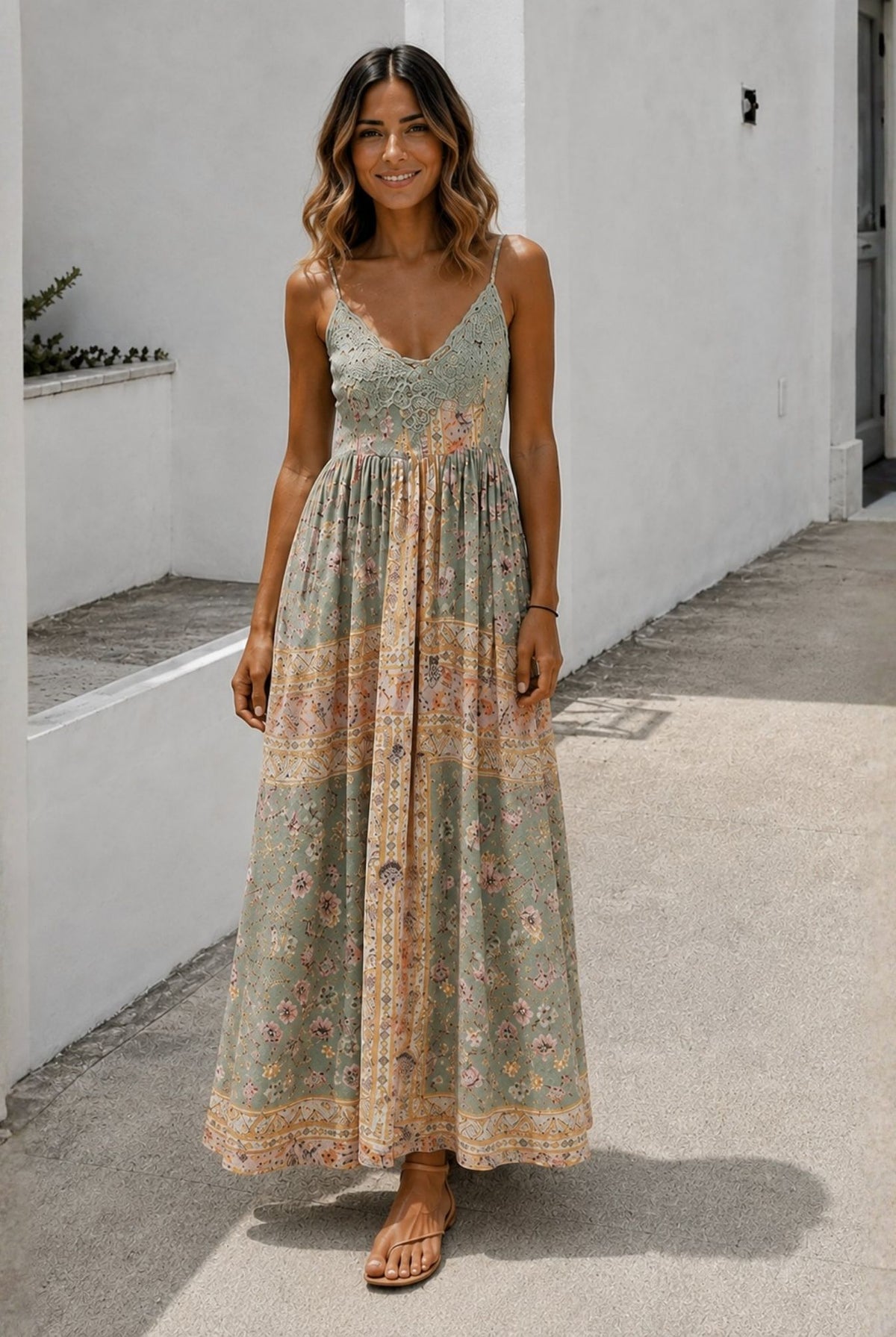 Women's sweetheart neck floral maxi dress front view by Esther & Co