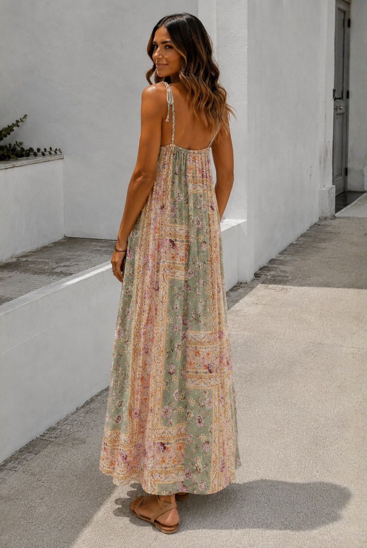 Women's green floral print maxi dress side view by Esther & Co
