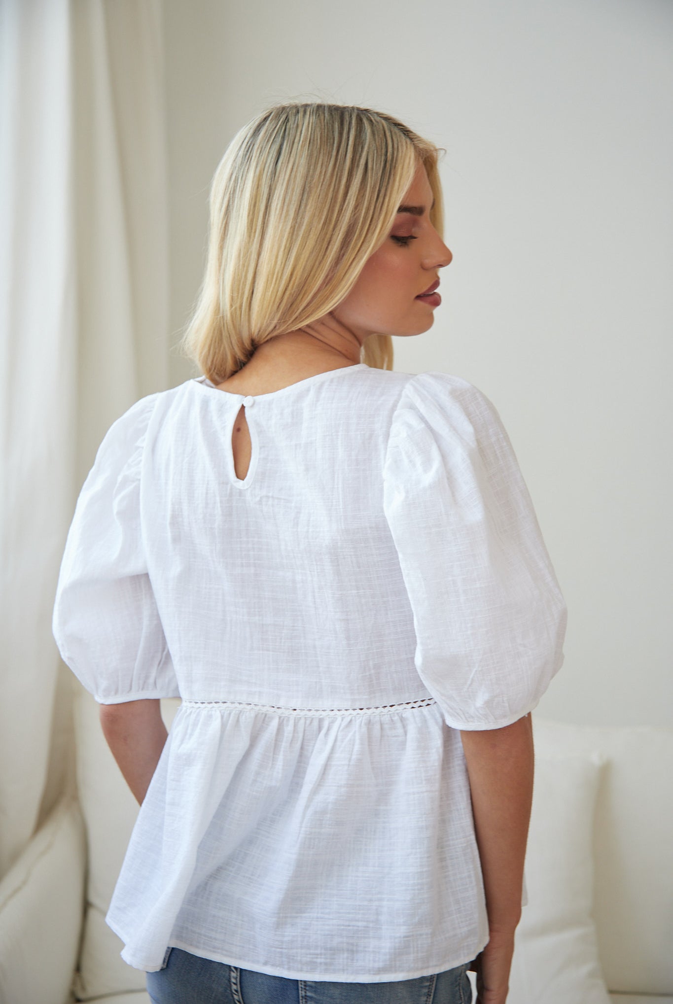 Tonya Top in White womens white linen blouse styled outfit
