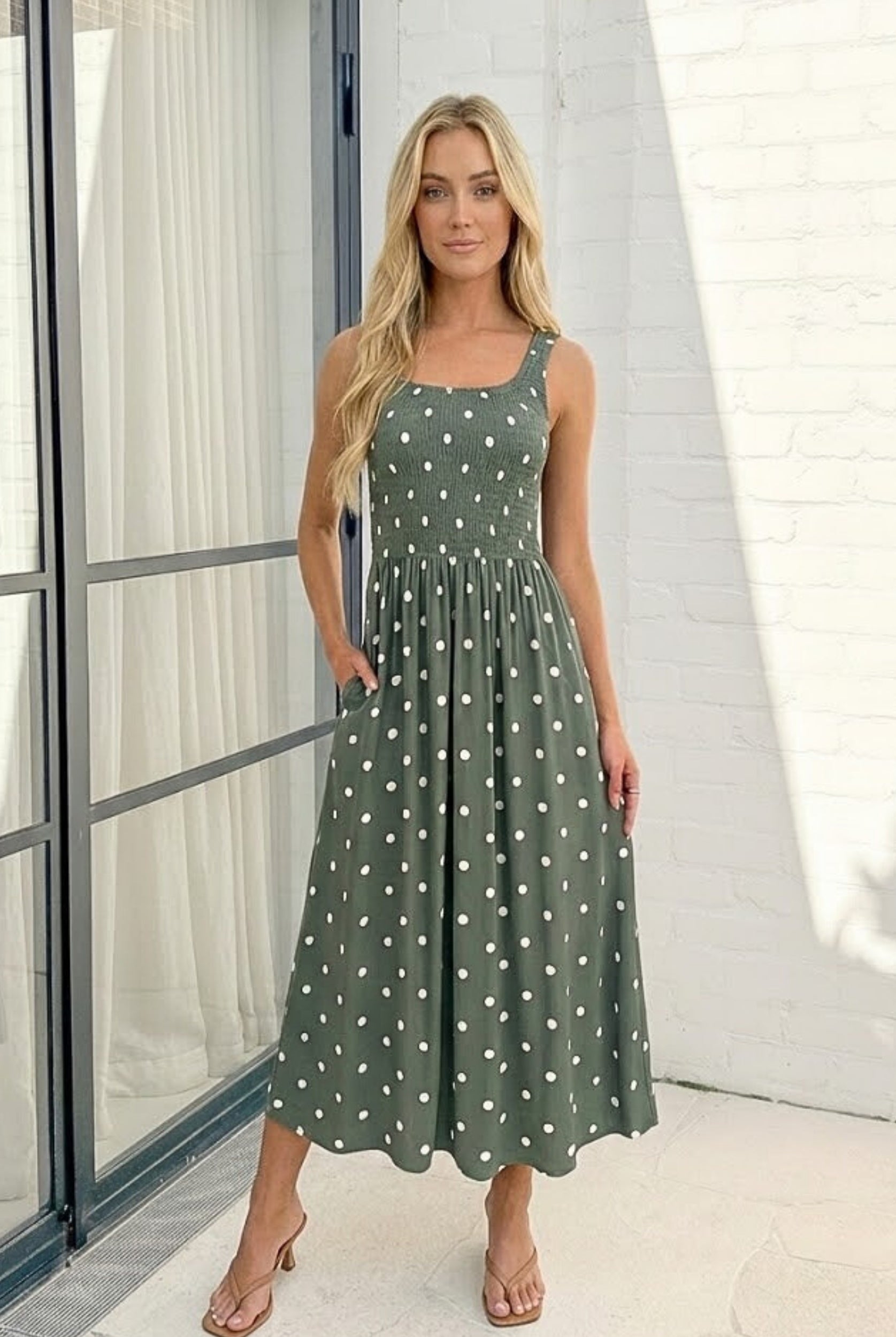 Women's green polka dot midi dress, the Torrance Dress in Green Spot by Esther & Co