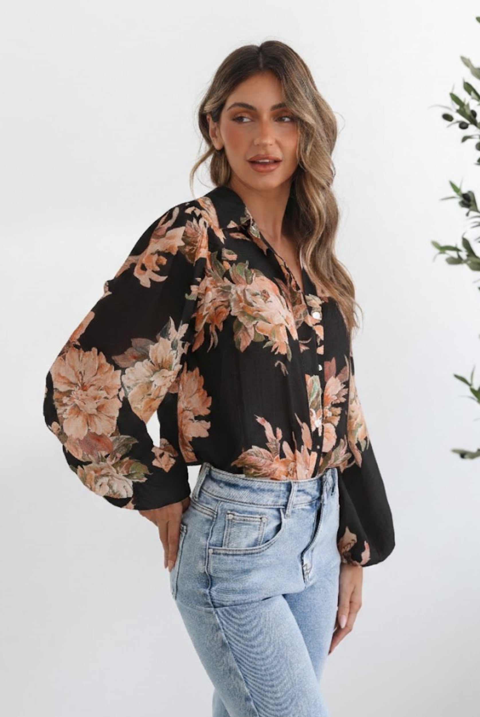 Veiga Blouse in Black Floral black botanical print blouse full length view