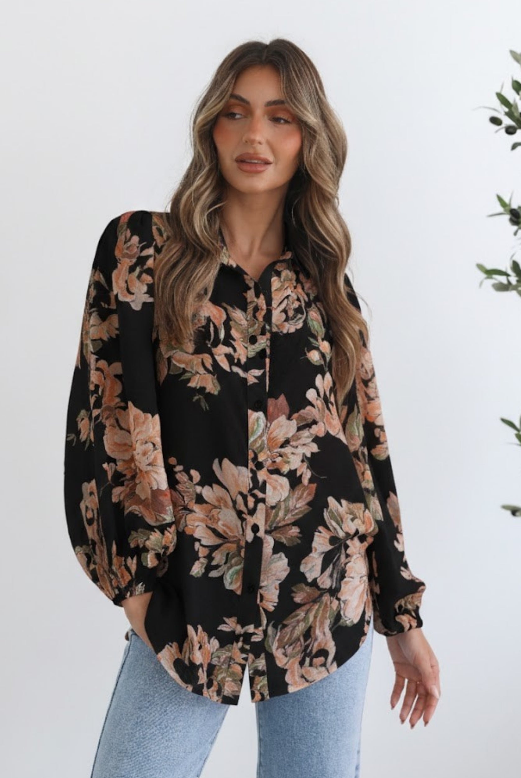 Veiga Blouse in Black Floral black botanical floral blouse with billowy sleeves side view