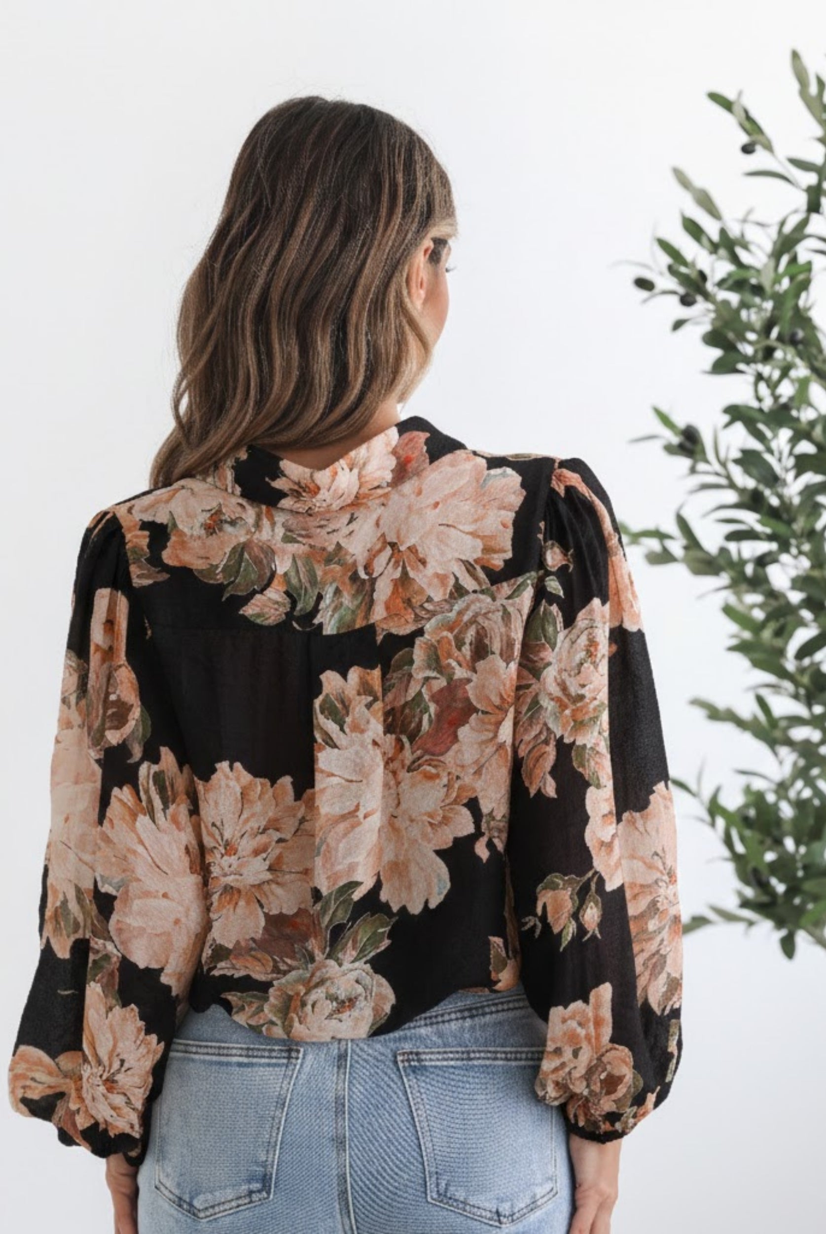 Veiga Blouse in Black Floral womens black botanical floral blouse back view