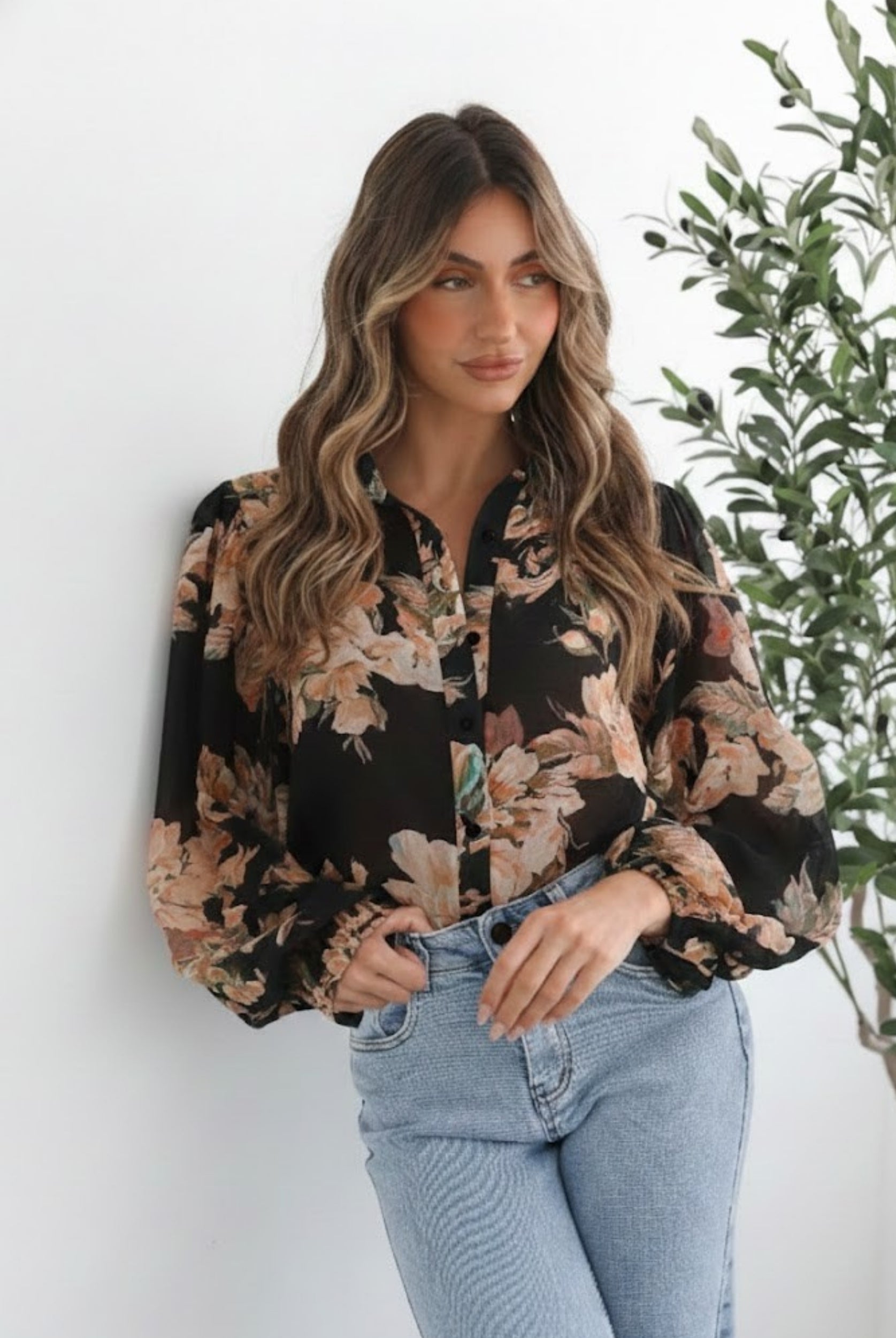 Veiga Blouse in Black Floral womens black floral blouse styled outfit