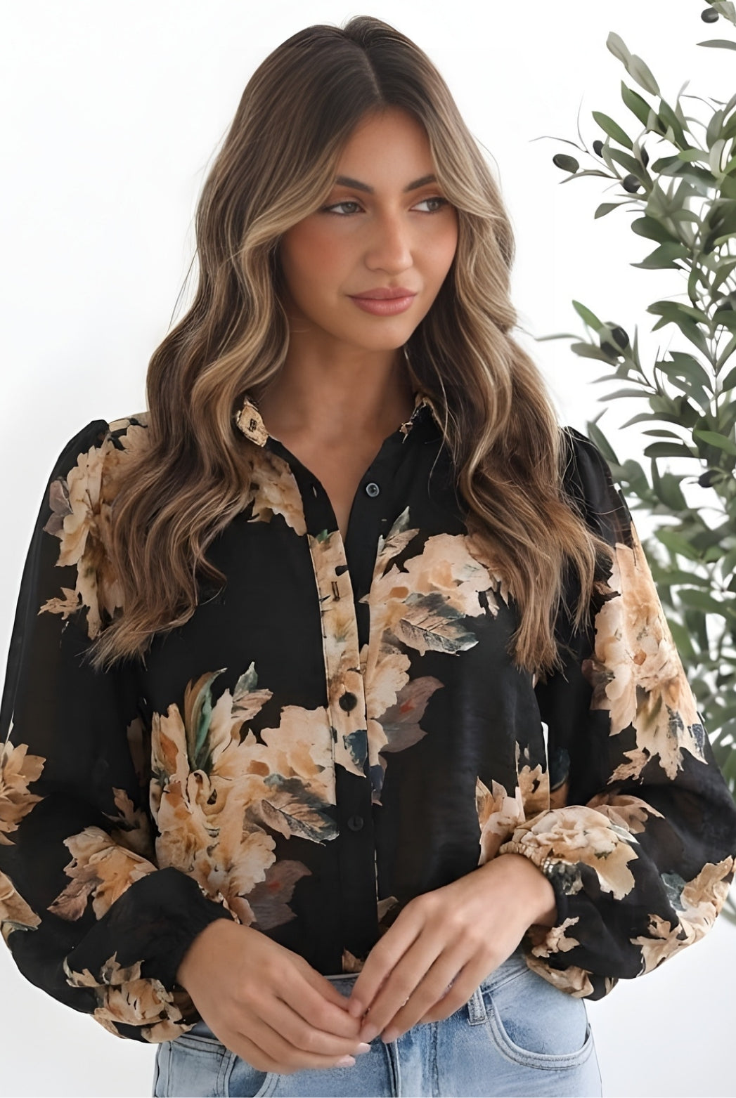Veiga Blouse in Black Floral womens floral blouse in black with botanical print front view