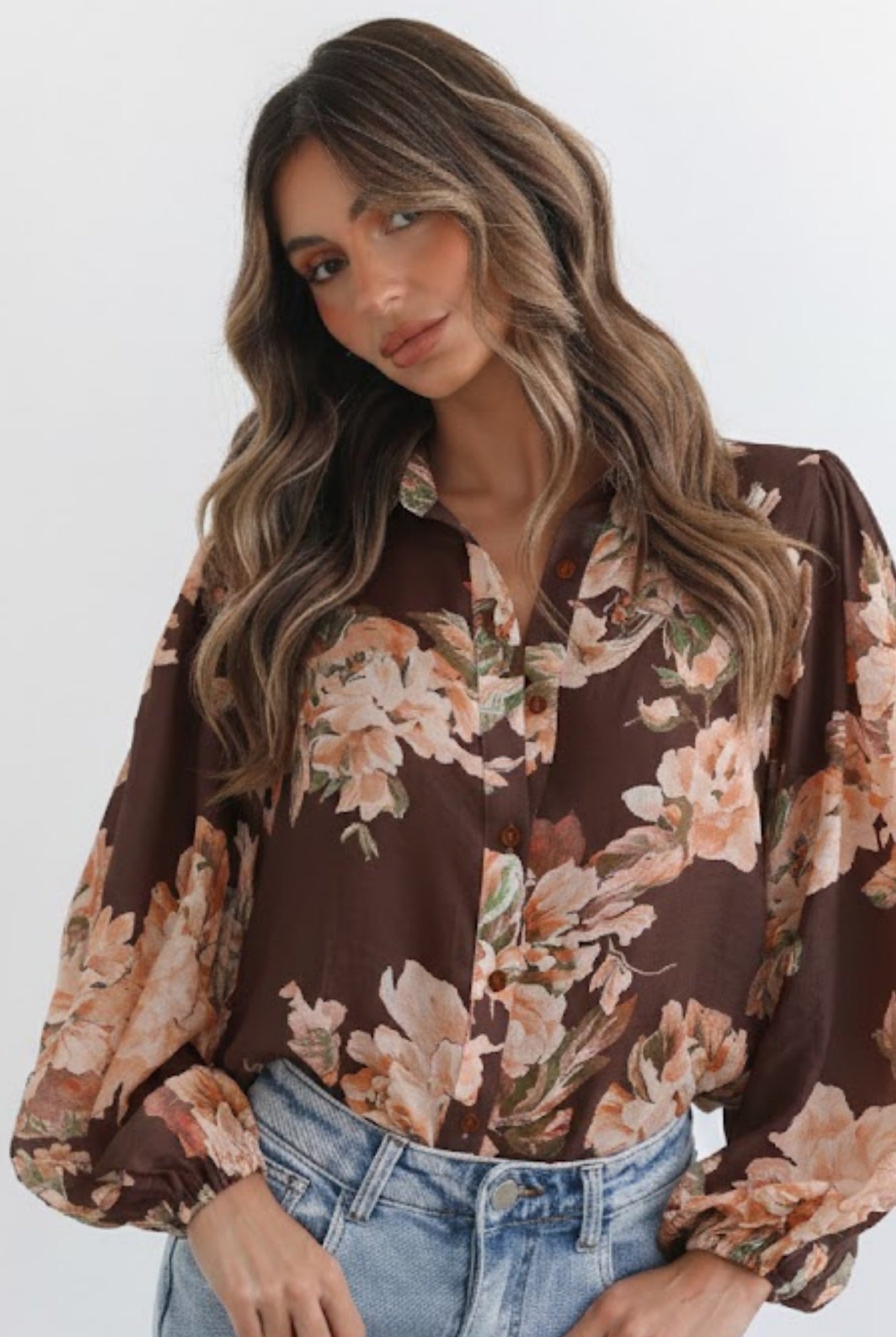 Veiga Blouse in Choc Floral choc floral blouse with billowy sleeves side view