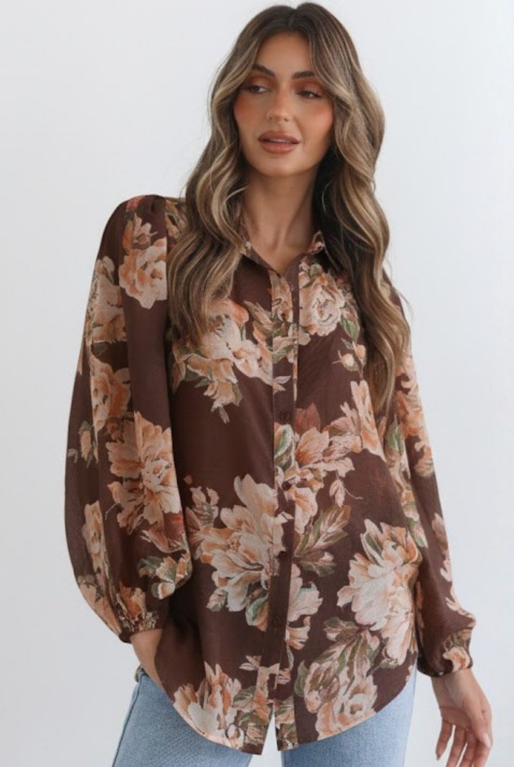 Veiga Blouse in Choc Floral womens chocolate floral print blouse styled outfit