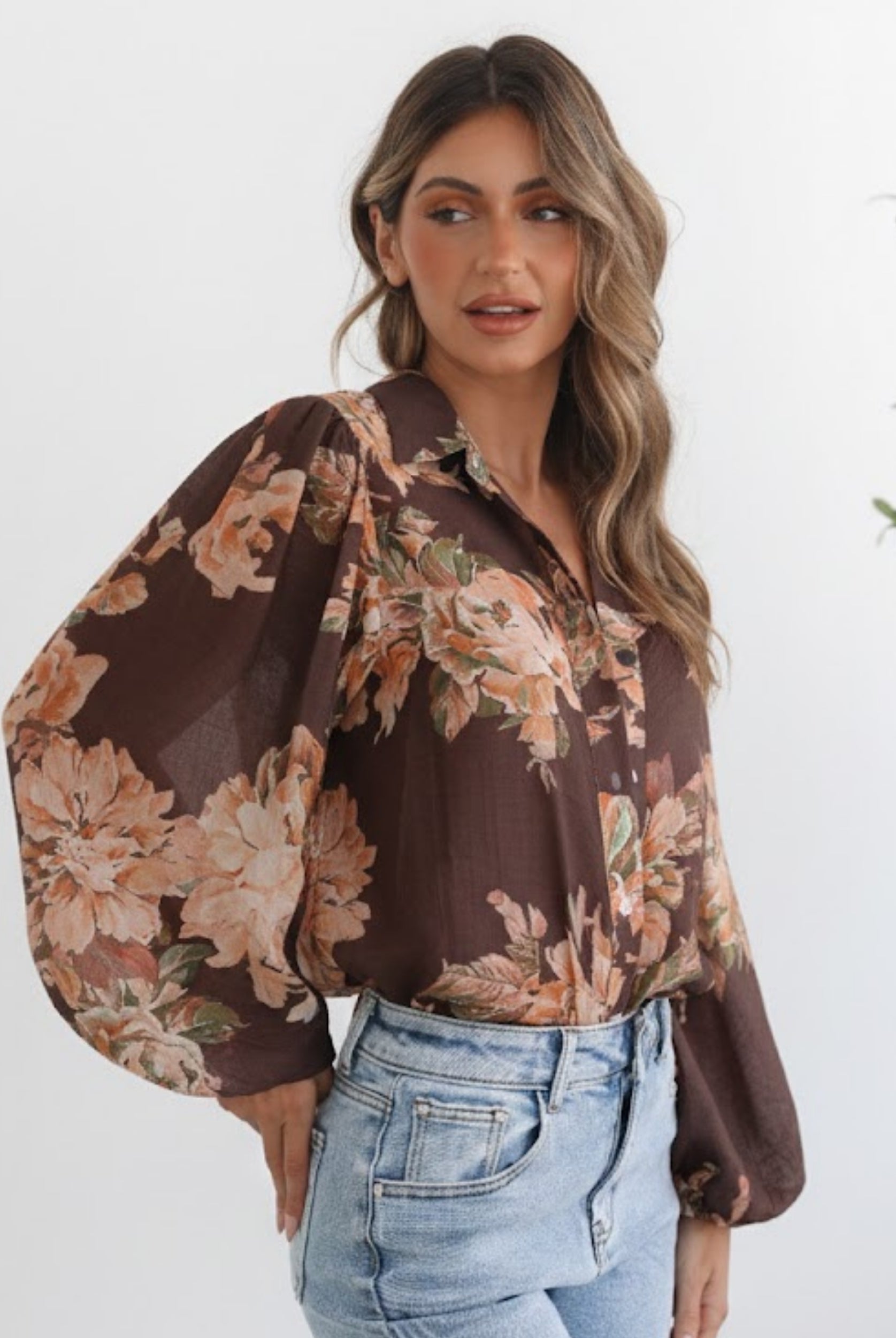 Veiga Blouse in Choc Floral womens floral blouse in chocolate brown with botanical print front view