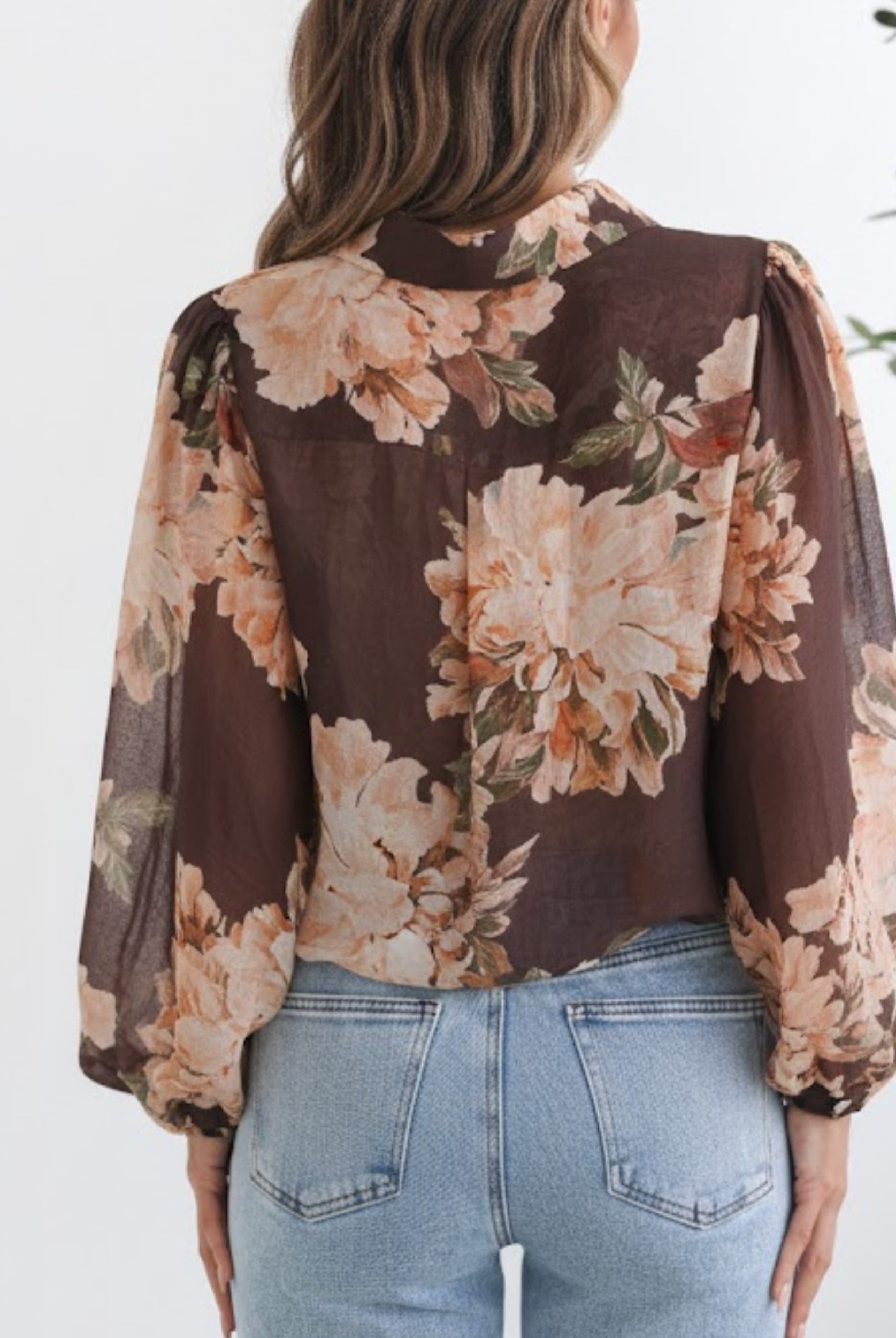 Veiga Blouse in Choc Floral choc floral botanical print blouse full length view