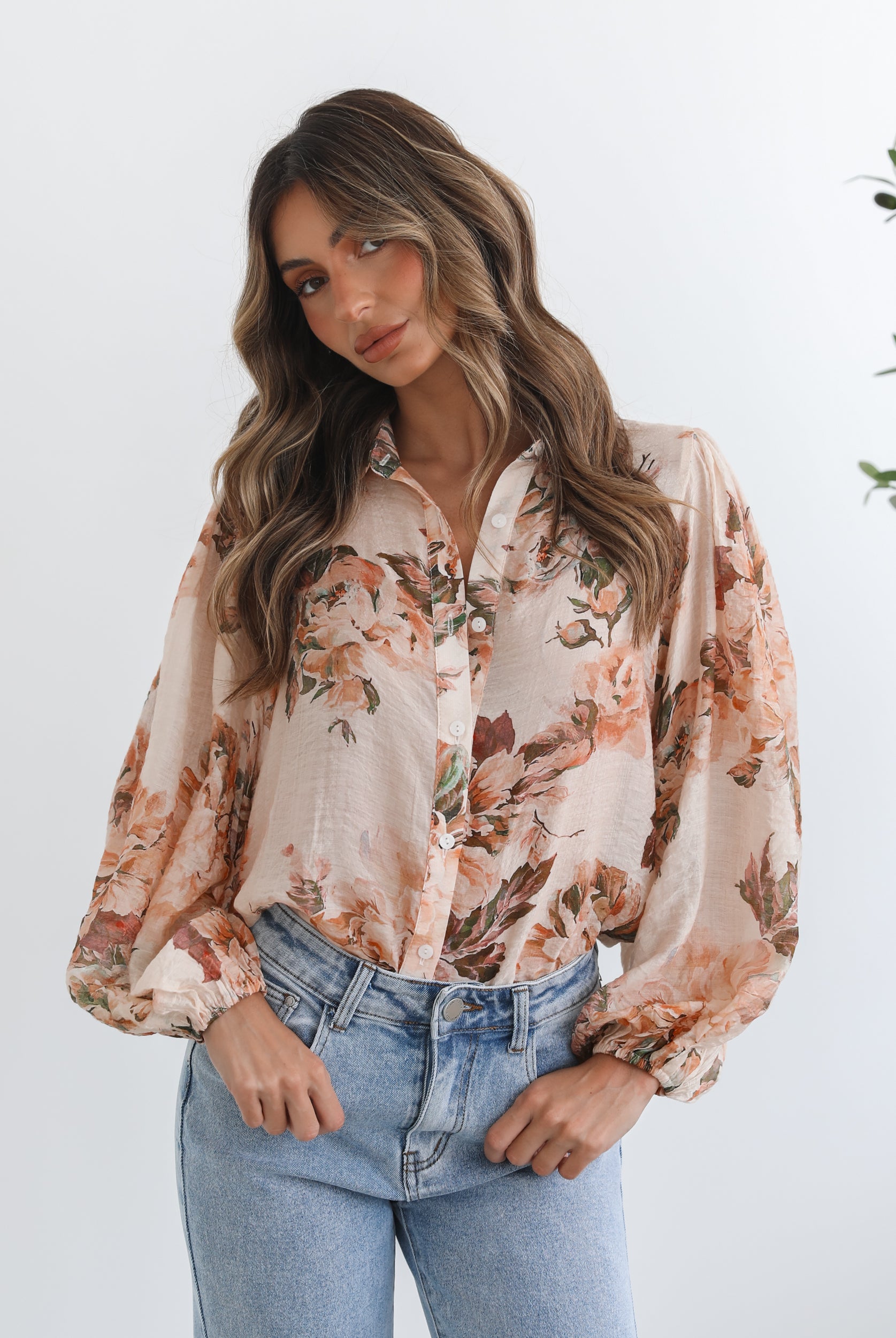 Veiga Blouse in Cream Floral cream multicolour floral blouse full length view