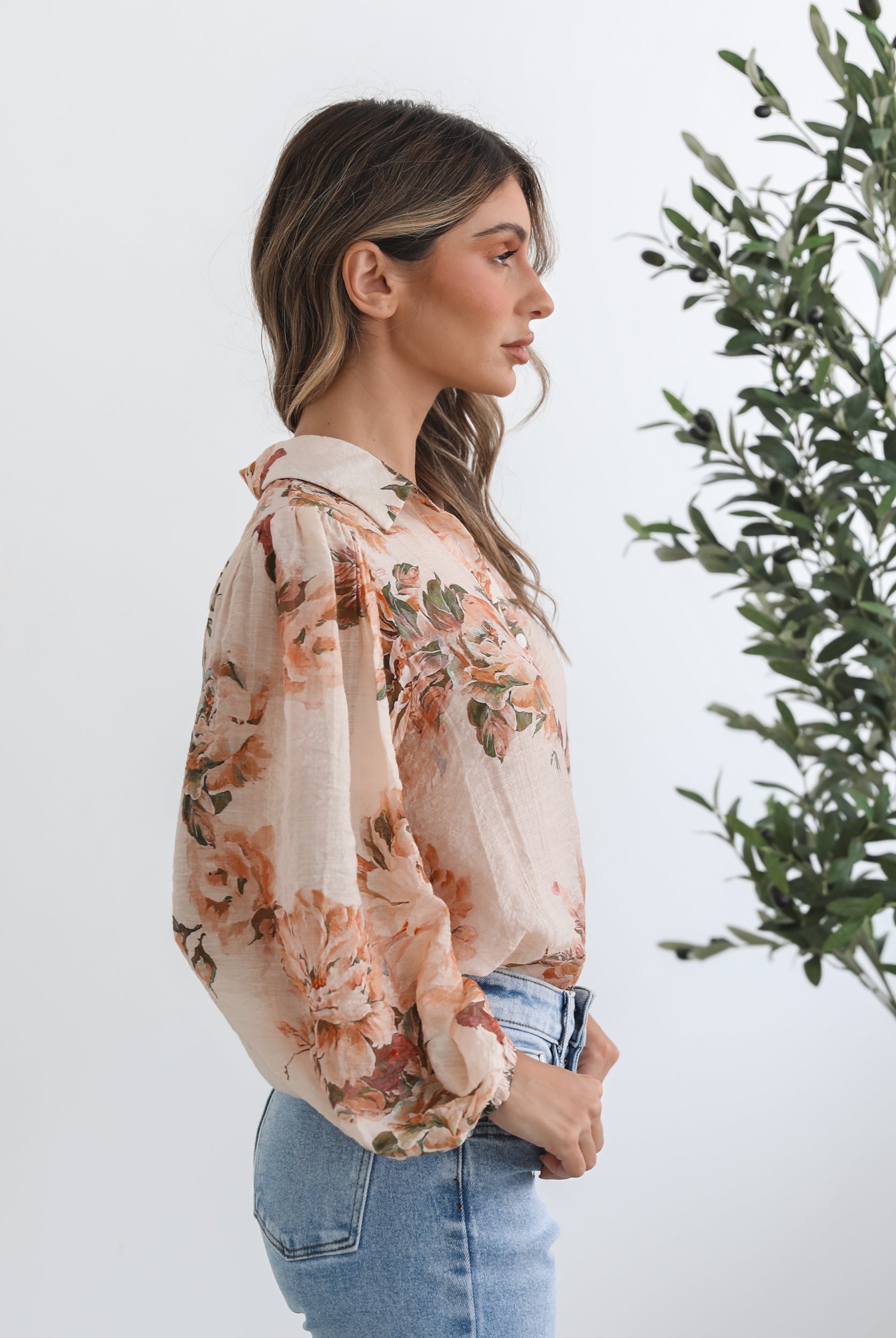 Veiga Blouse in Cream Floral cream floral blouse with bishop sleeves side view