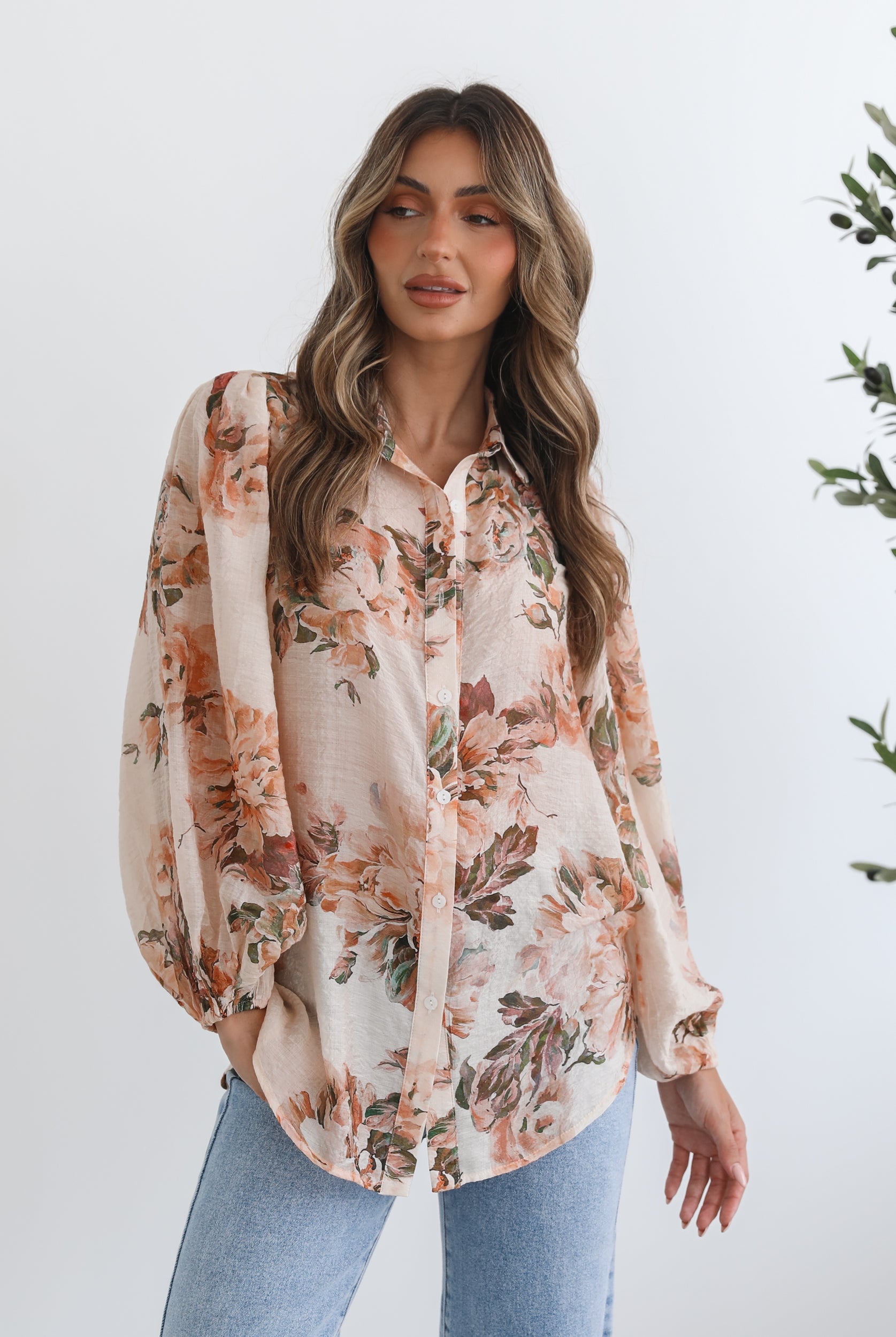 Veiga Blouse in Cream Floral womens cream floral blouse styled look