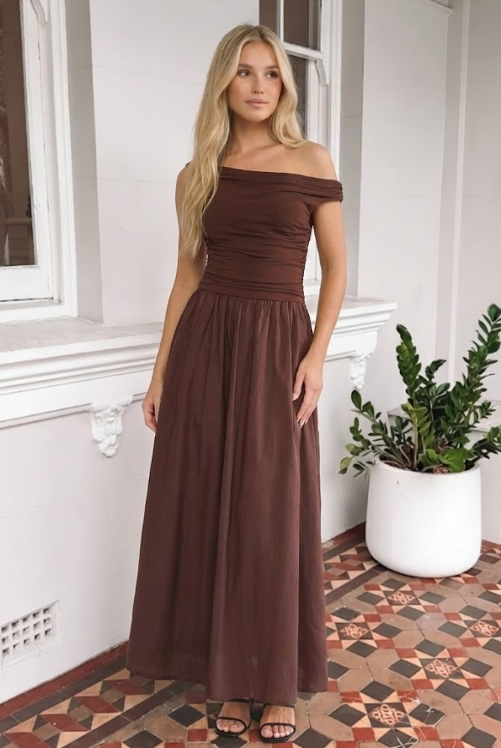 Women's brown one shoulder ruched maxi dress, the Vixen Dress in Brown by Esther & Co