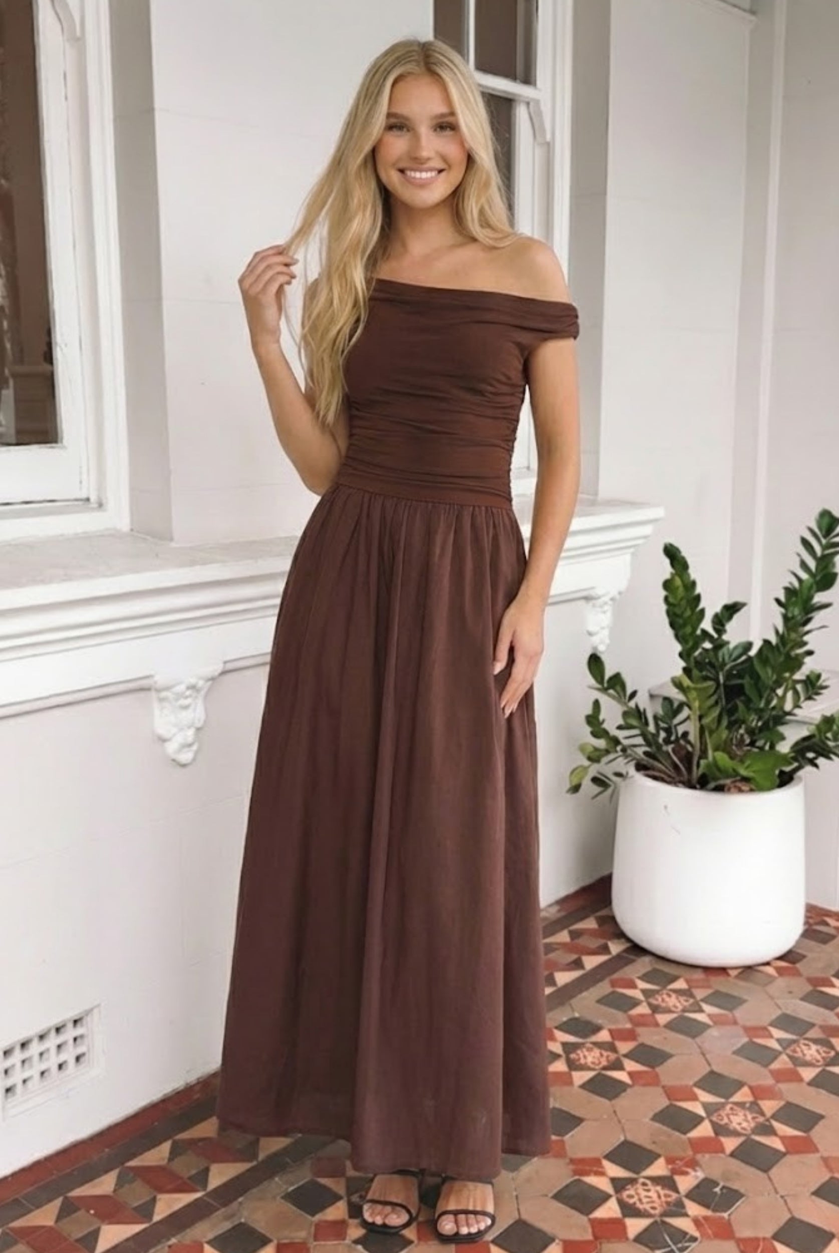 Women's brown one shoulder maxi dress front view by Esther & Co