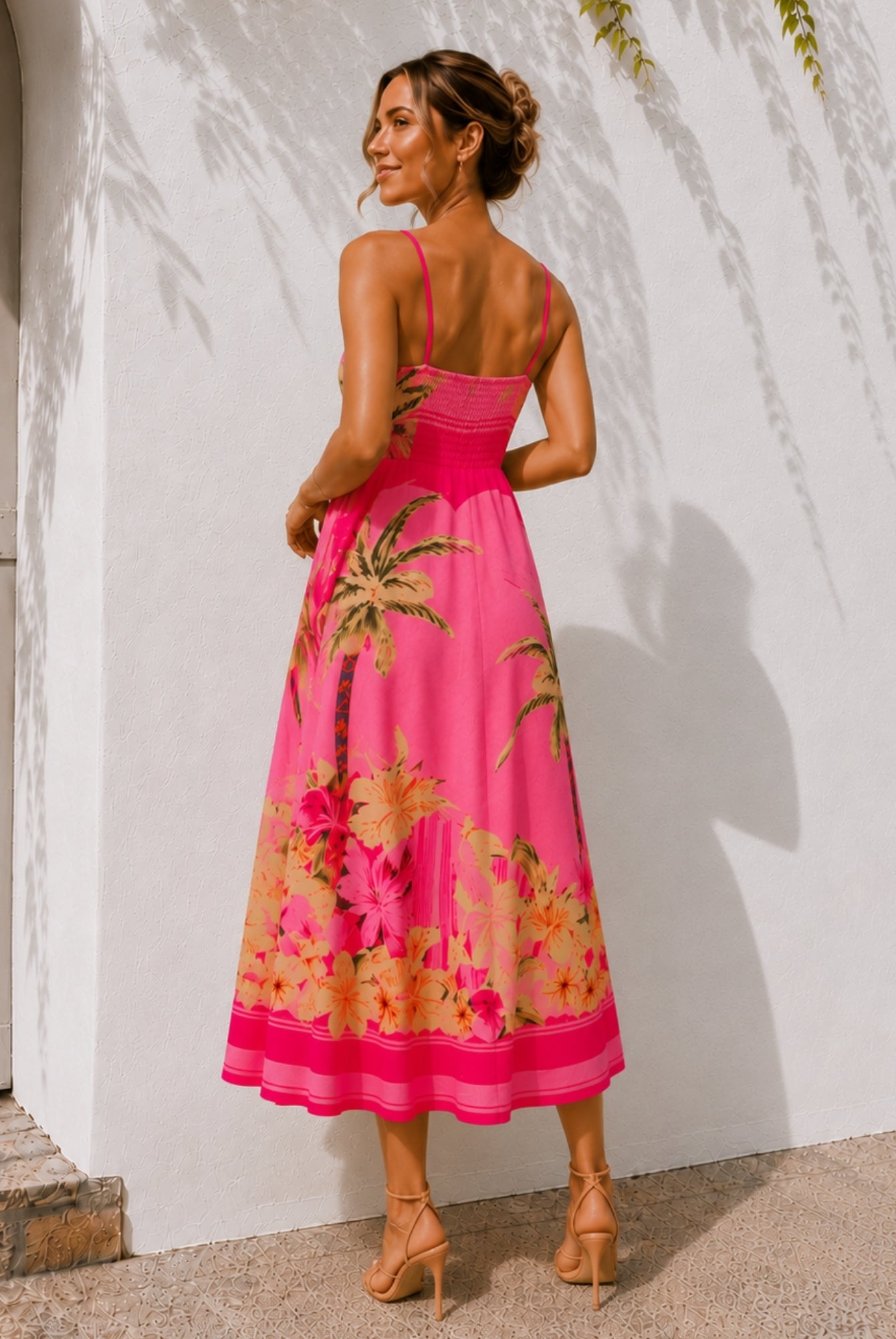 Women's pink and multi square neck tropical print midi dress, the Welcie Dress in Tropical Bliss by Esther & Co