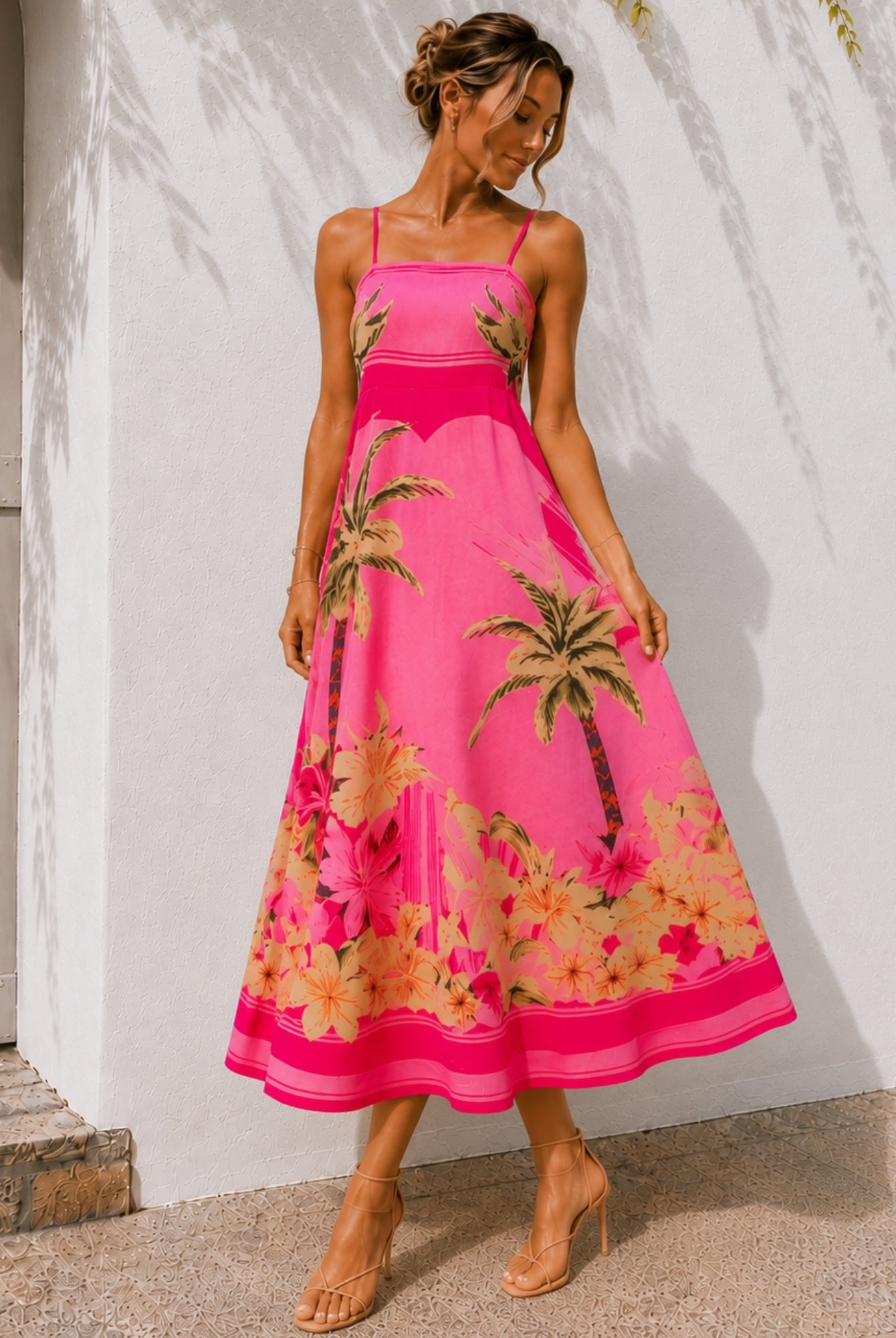 Women's pink and multi square neck tropical print midi dress, the Welcie Dress in Tropical Bliss by Esther & Co