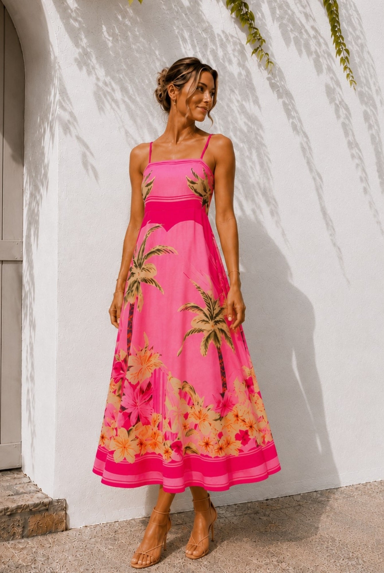 Women's pink tropical print sleeveless midi dress, the Welcie Dress in Tropical Bliss by Esther & Co