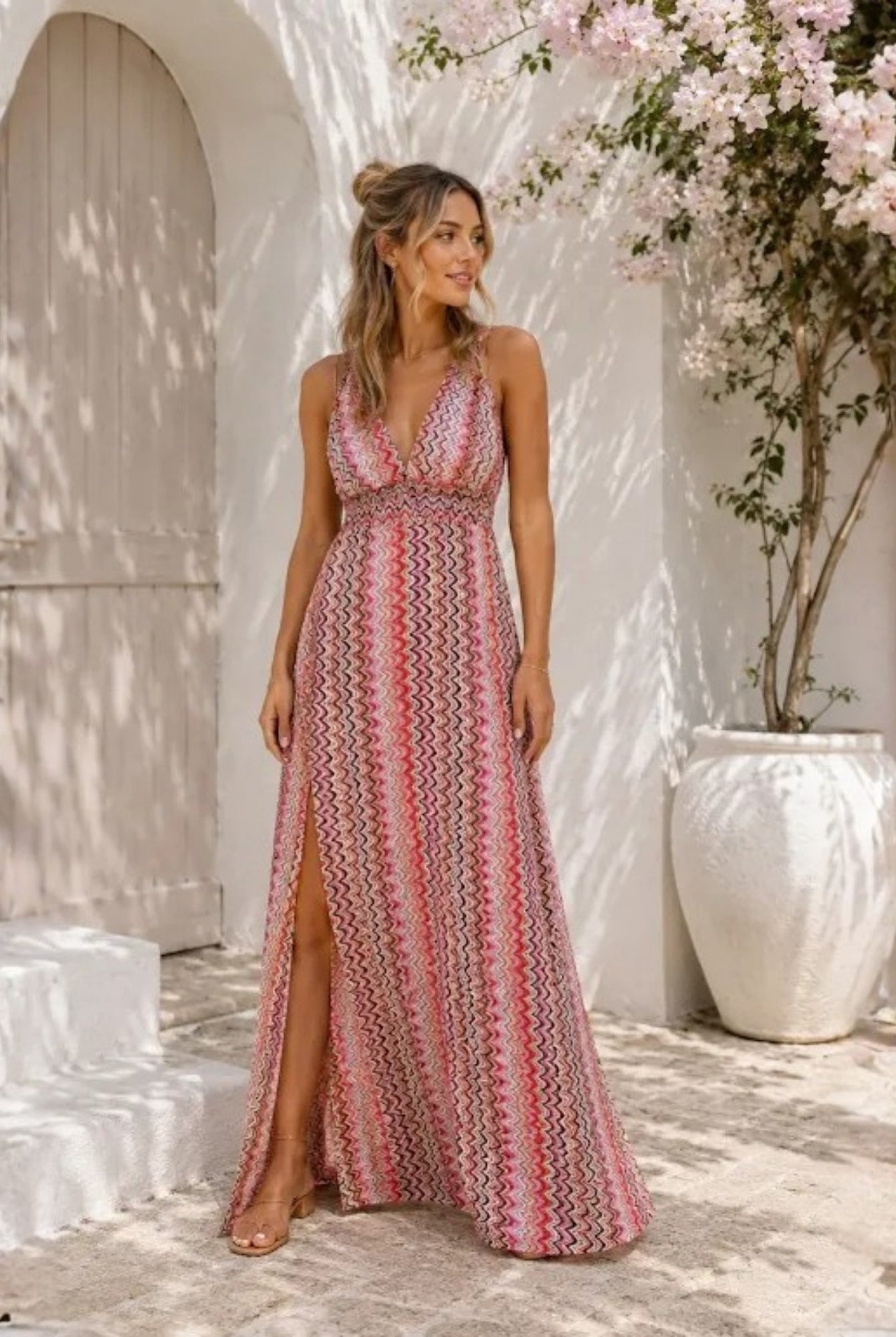 Women's blush plunge neck maxi dress with side split, the Xyriel Dress in Romantic Chevron by Esther & Co