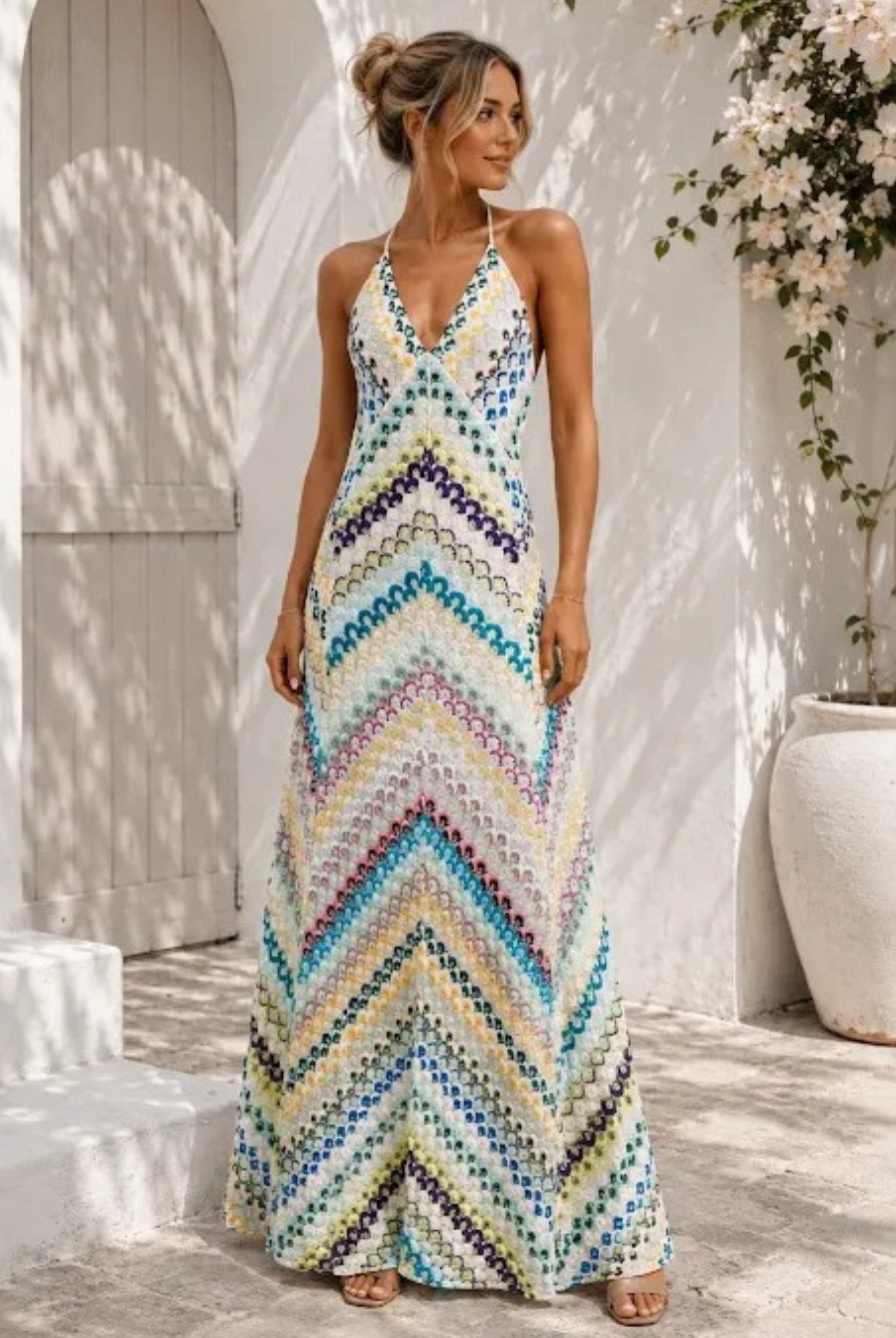 Women's blue and white plunge neck printed maxi dress, the Zarelle Dress in Blue Paradise by Esther & Co