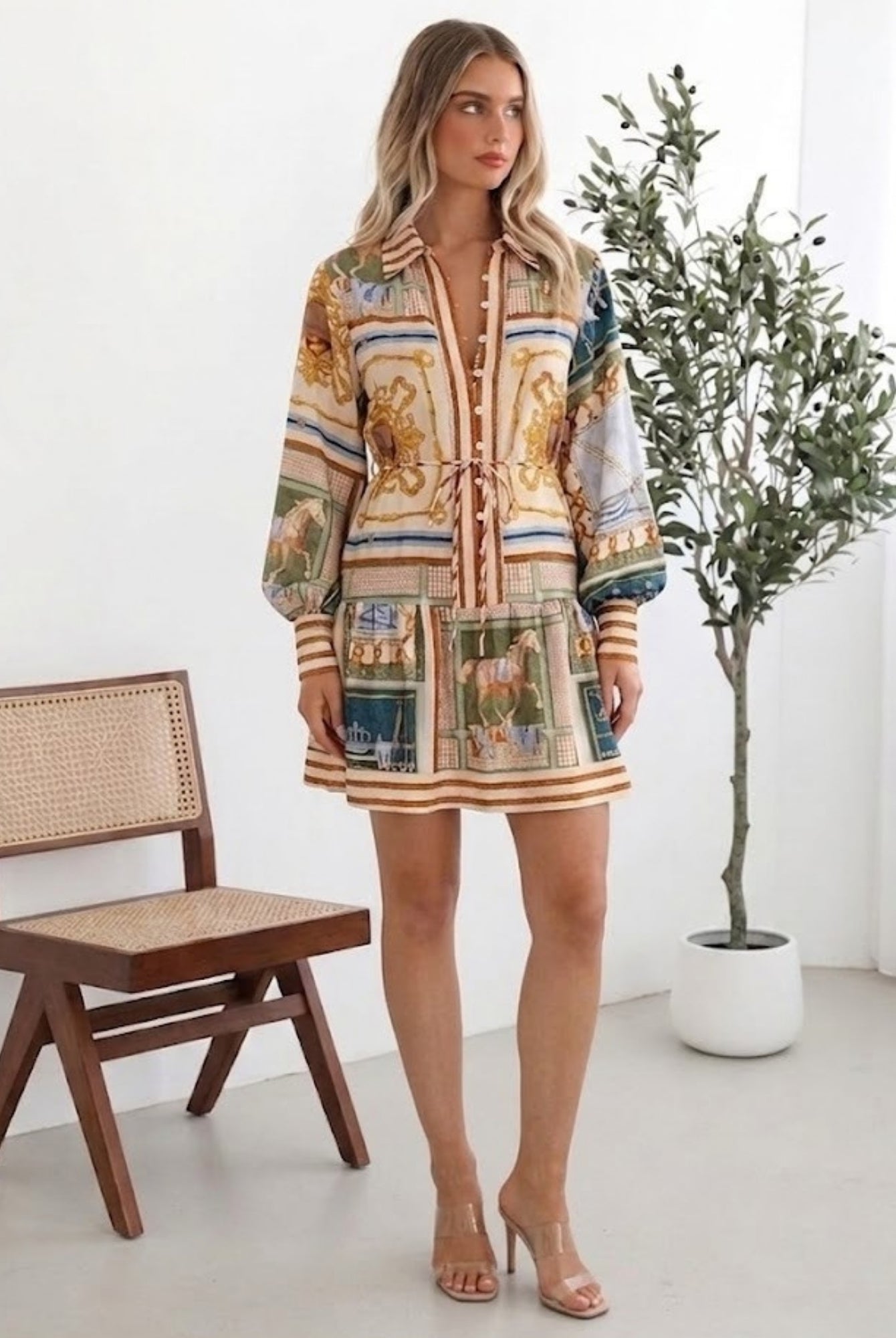 Women's multi print mini shirt dress with scarf print and balloon sleeves, the Zetian Dress in Multi Print by Esther & Co