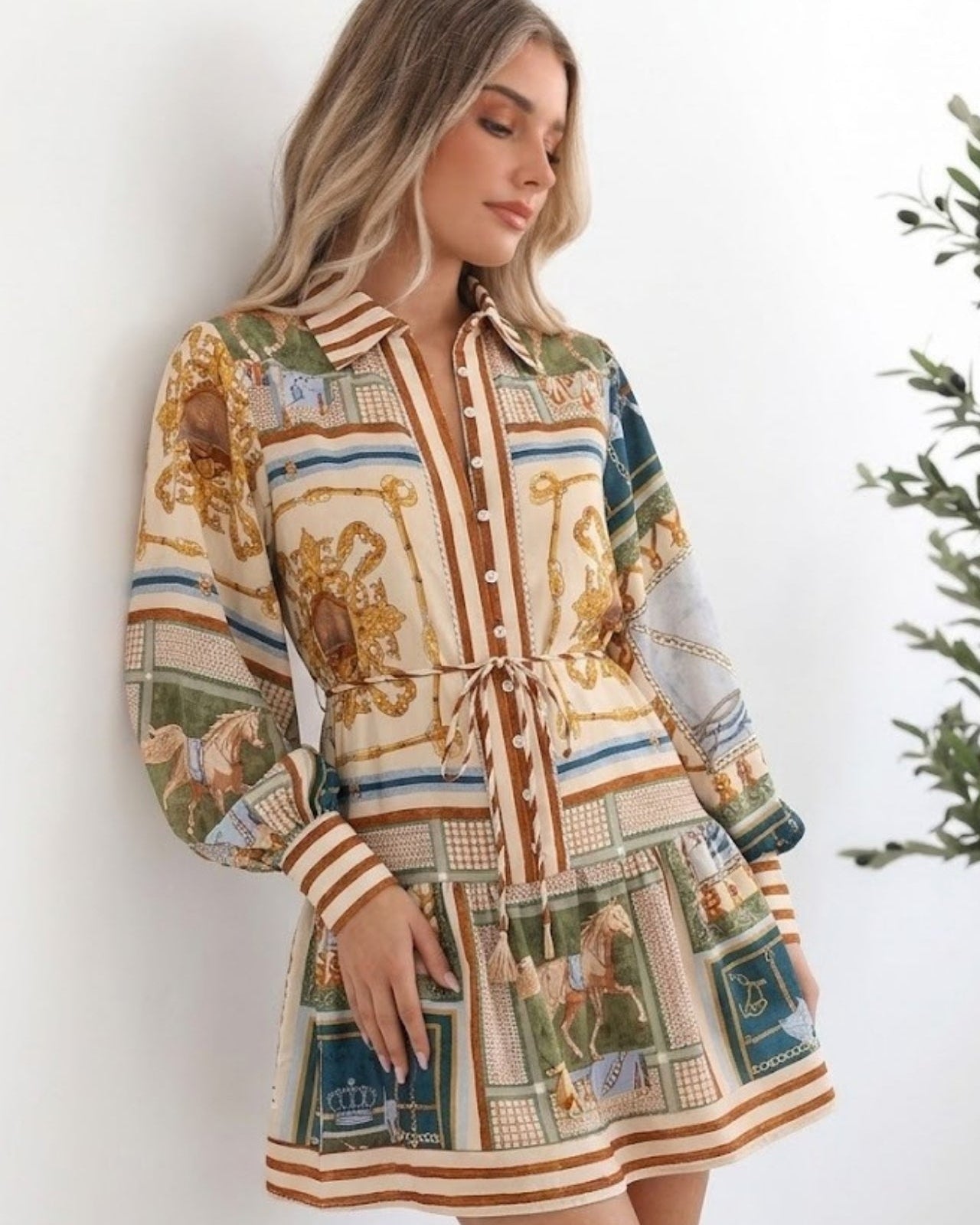 Women's vintage scarf print mini dress with drawstring waist by Esther & Co