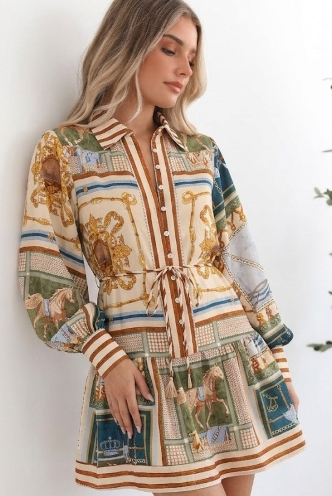 Women's vintage scarf print mini dress with drawstring waist by Esther & Co