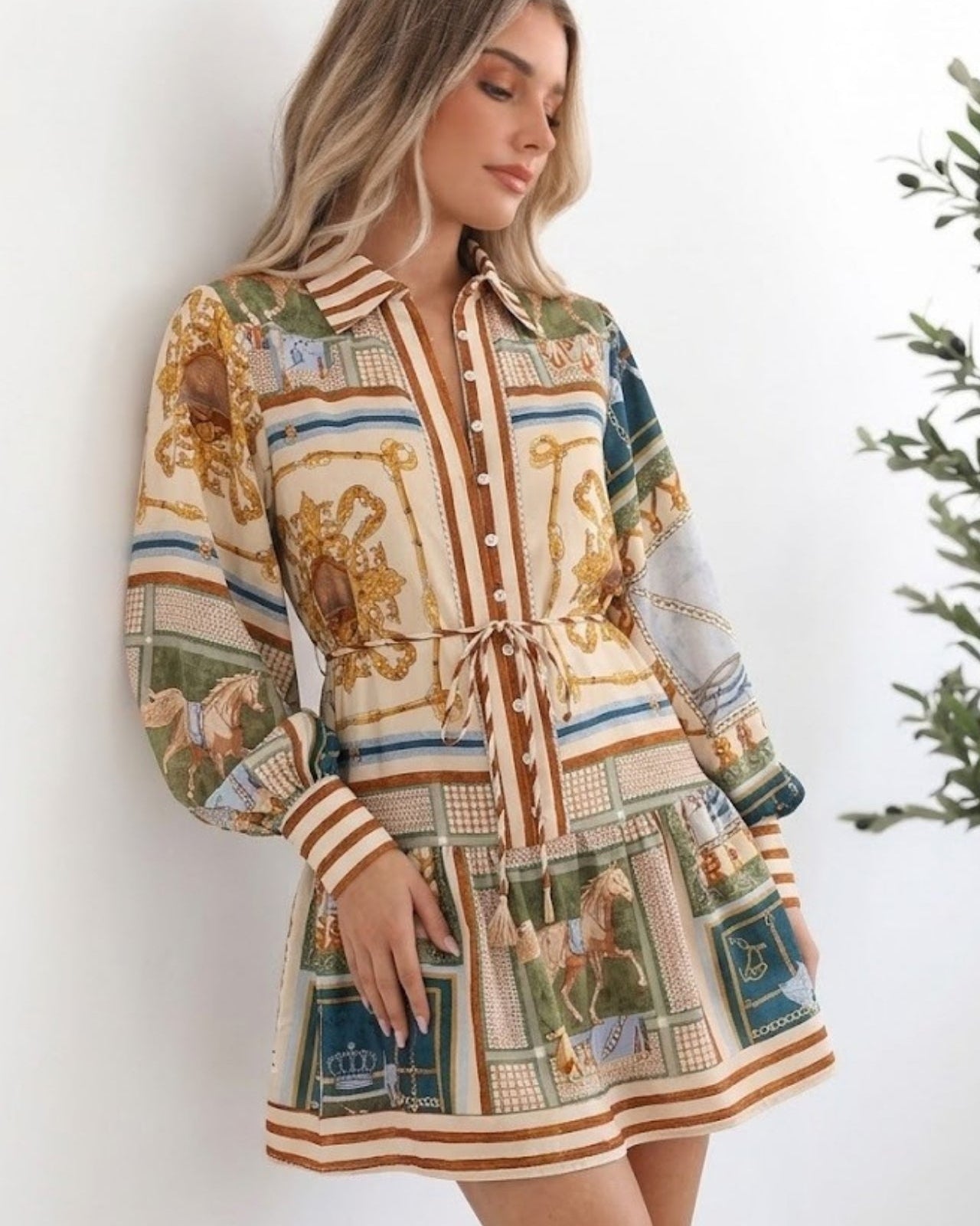 Women's vintage scarf print mini dress with drawstring waist by Esther & Co