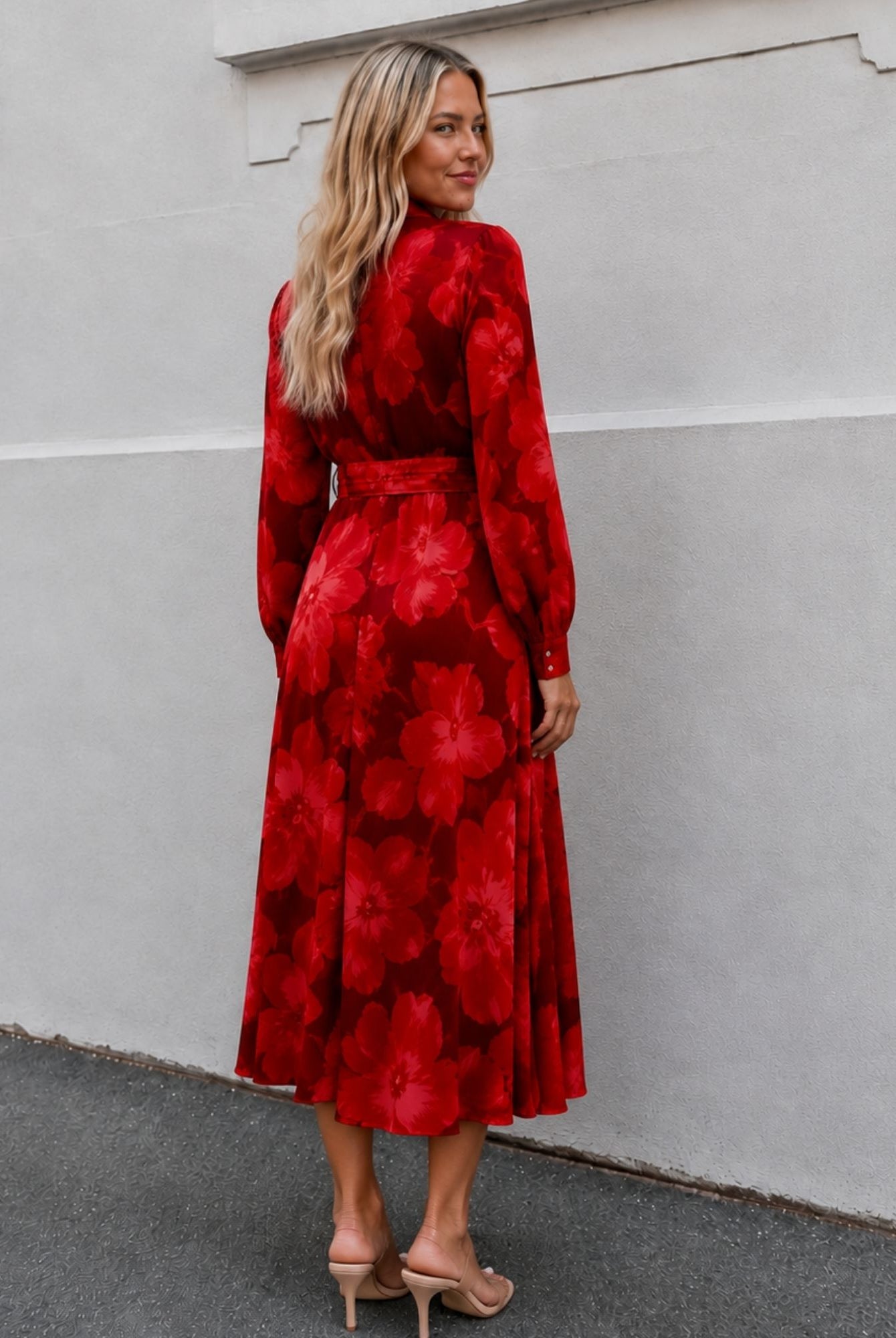 Women's red floral maxi dress front view by Esther & Co