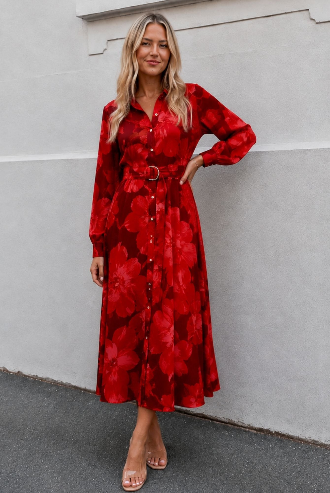 Women's red floral print maxi dress full length view by Esther & Co