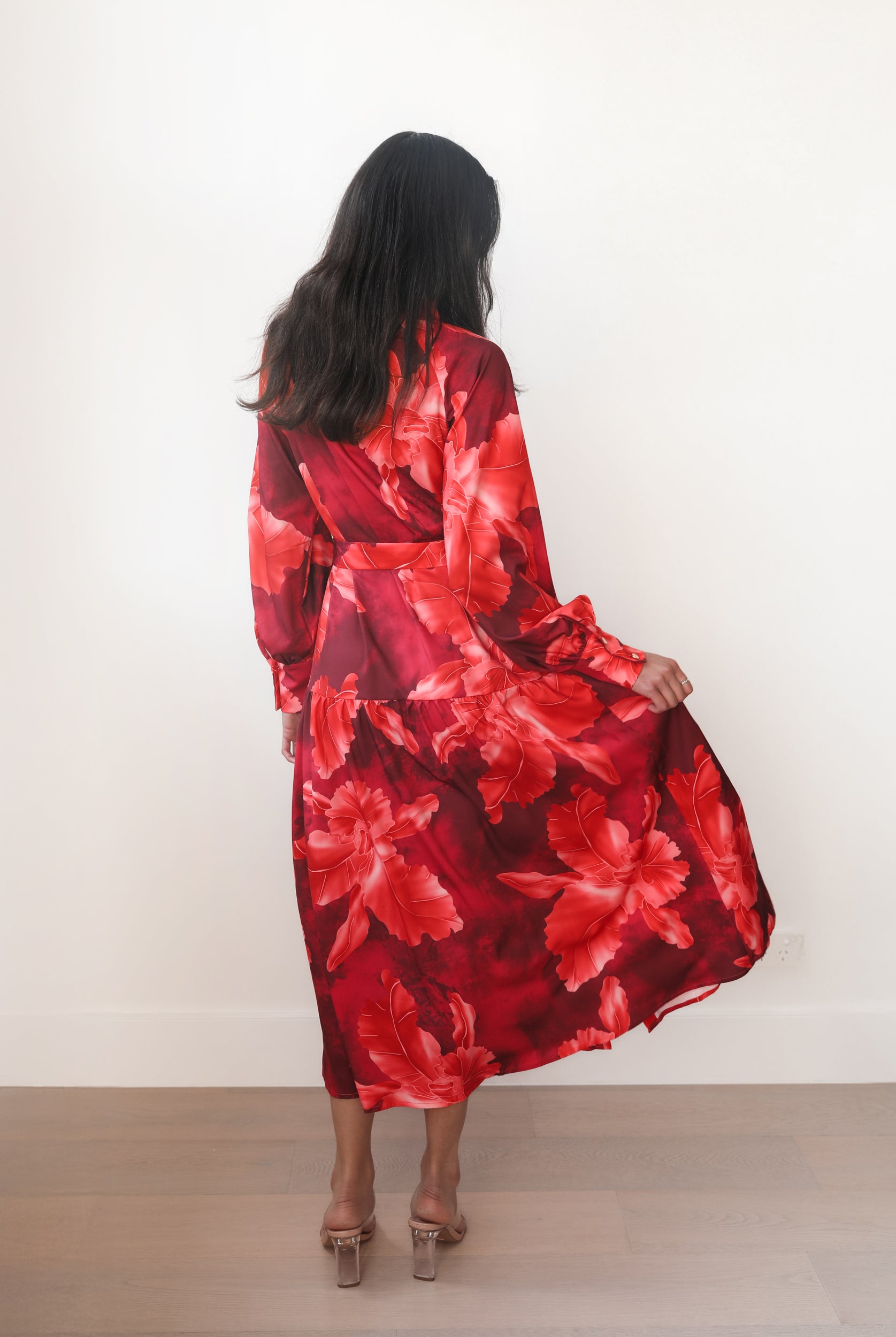 Women's red floral maxi dress full length view by Esther & Co