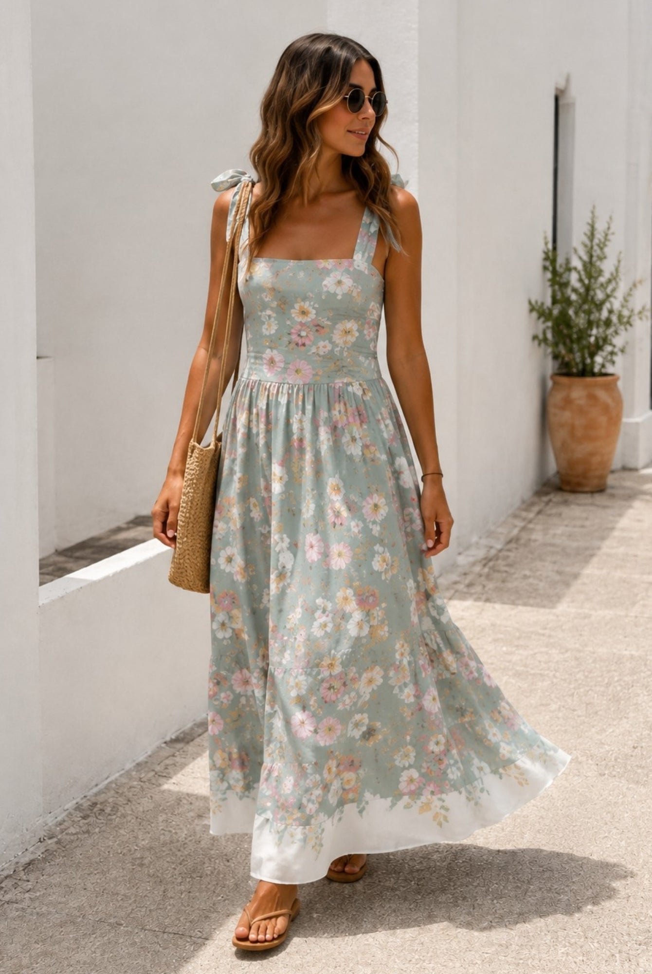Women's mint floral maxi dress with bow straps and square neckline, the Zyrelise Dress in Mint Floral by Esther & Co