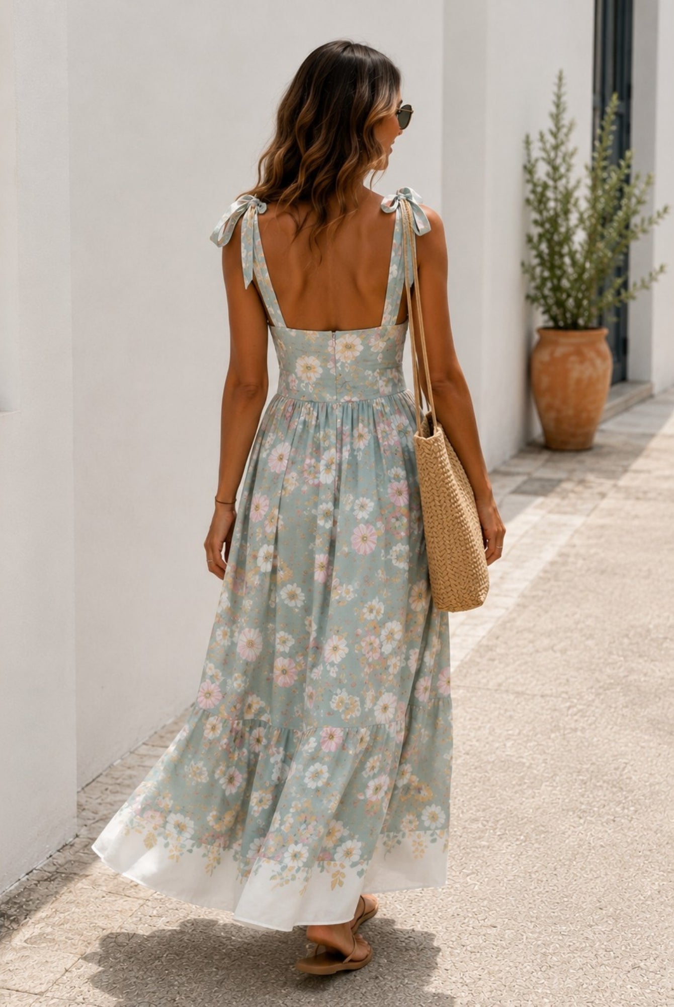 Women's mint floral square neck maxi dress side view, the Zyrelise Dress in Mint Floral by Esther & Co