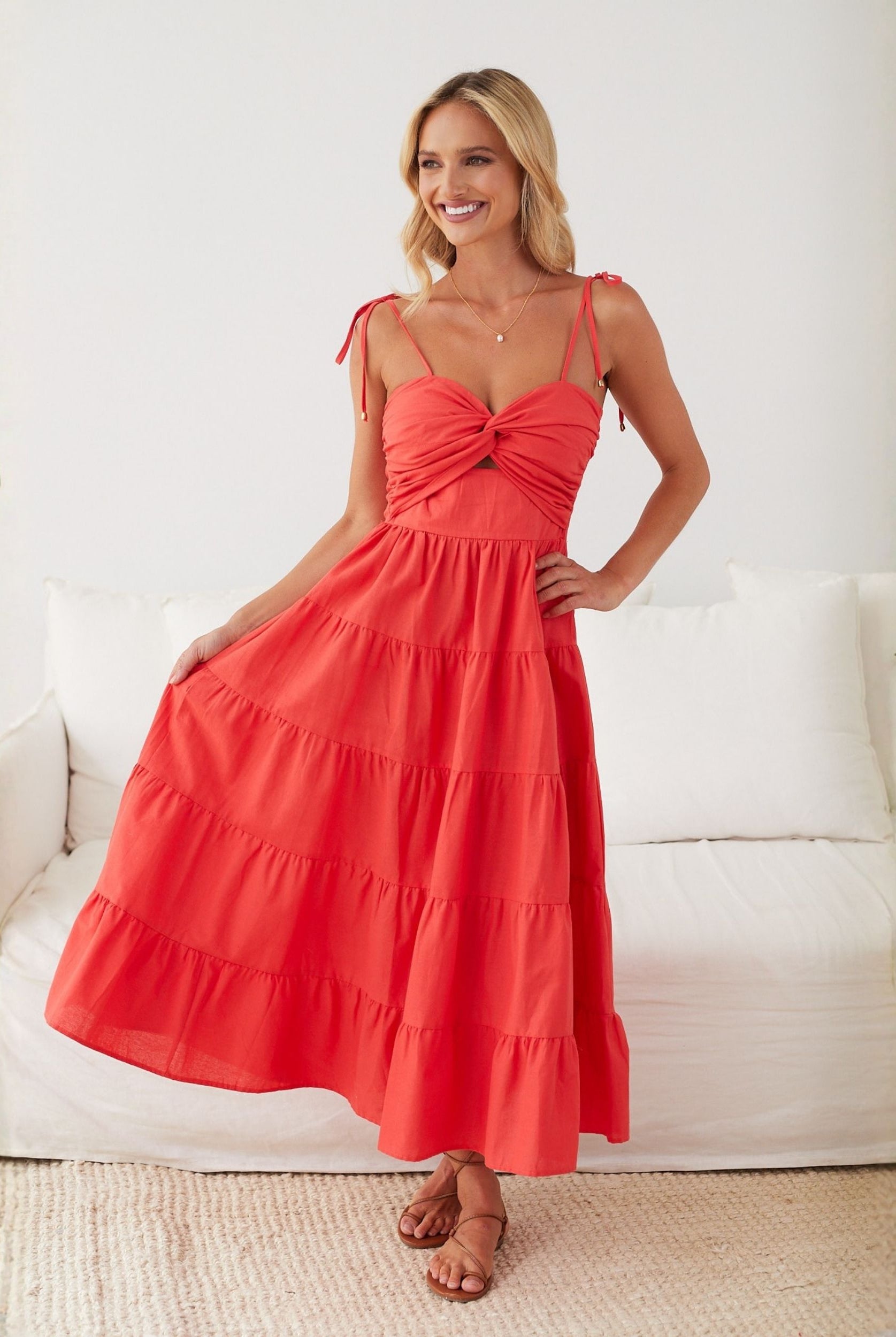 Women's red tiered maxi dress, the Elan Dress in Red by Esther & Co