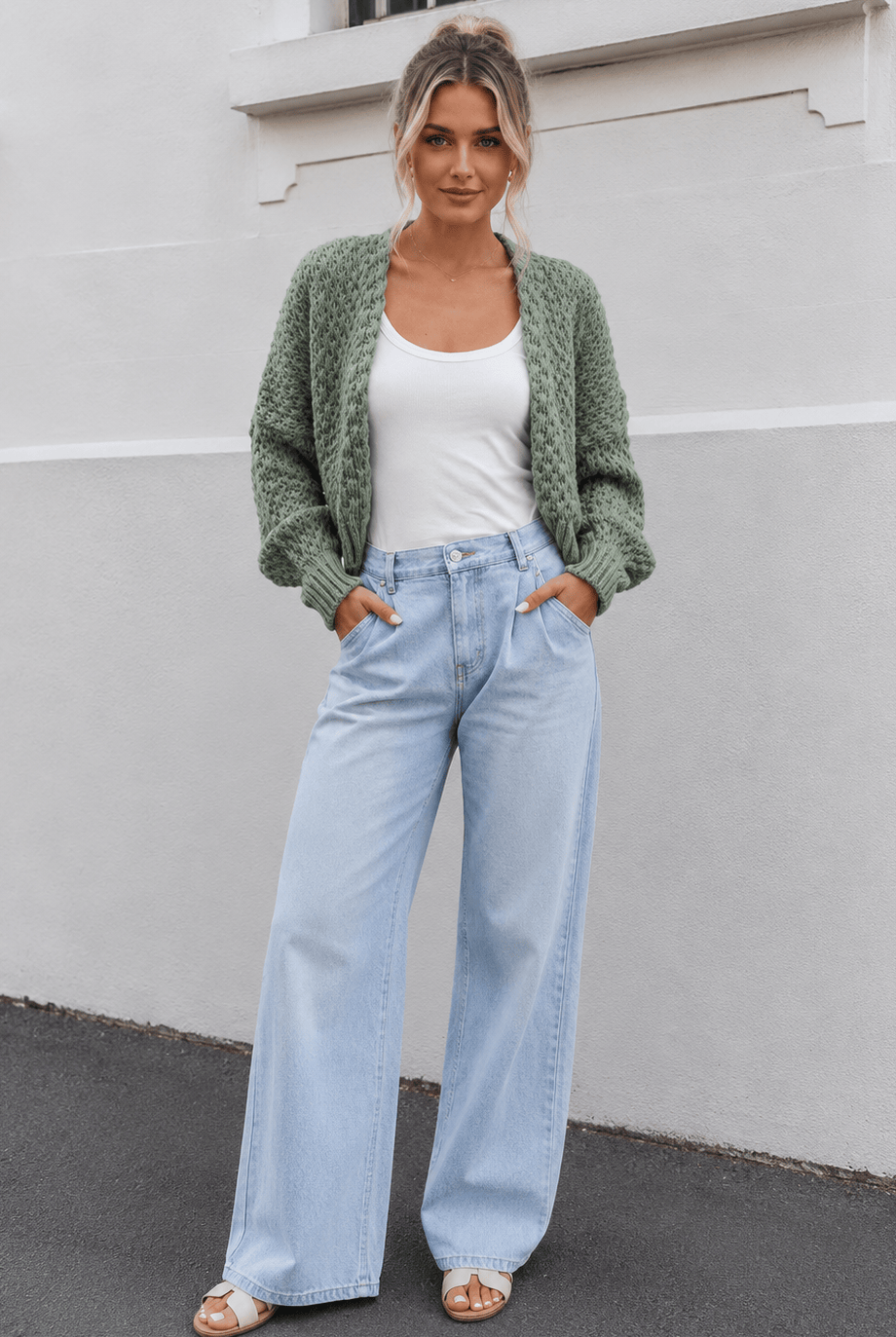Women's forest green wool blend open front cardigan, the Dorine Cardigan in Forest Green by Esther & Co