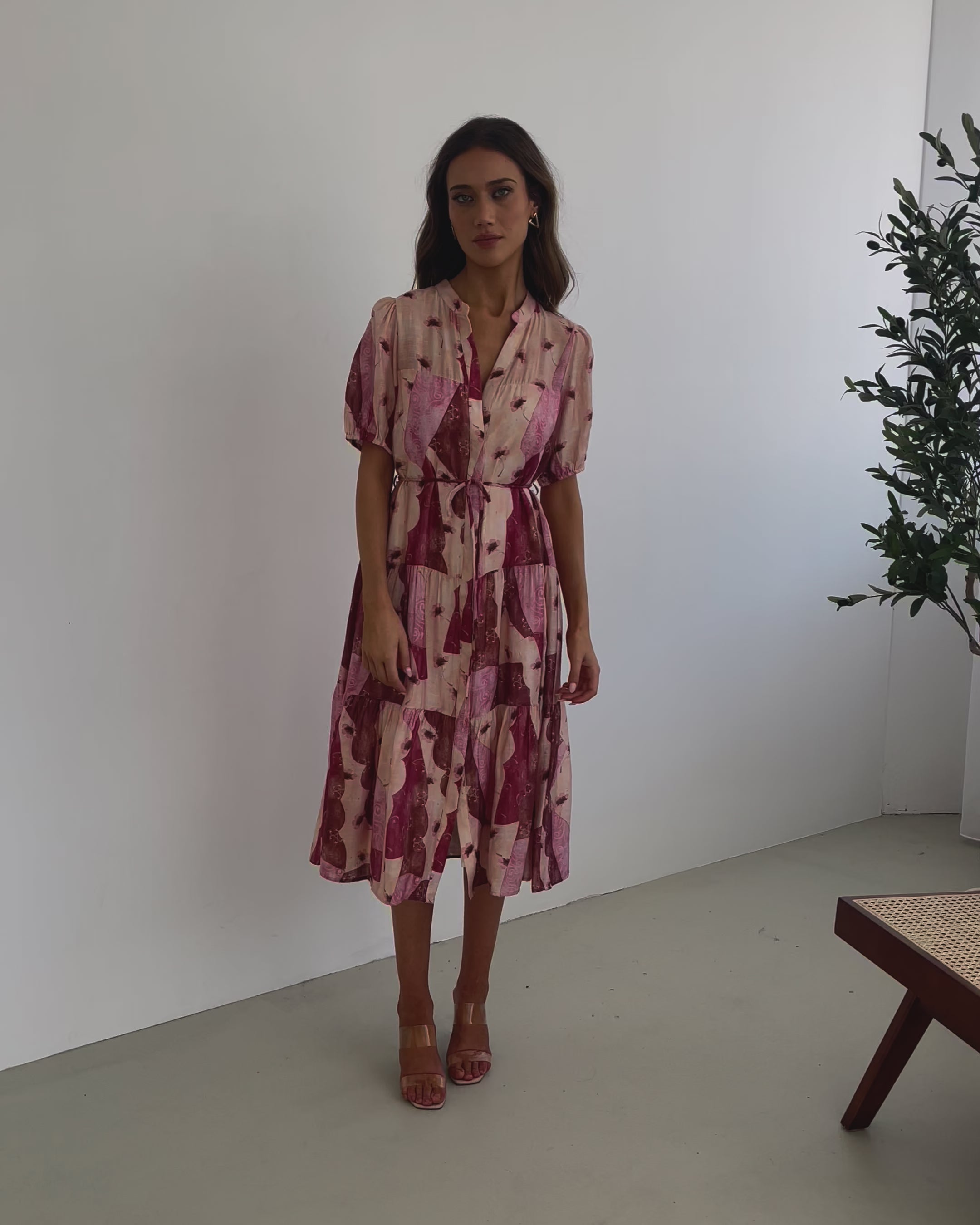 A woman standing in a room with a plant in the background, wearing a multi-toned print dress with short puff sleeves, a collar with a v-neck, center-front buttons, and a tiered skirt.